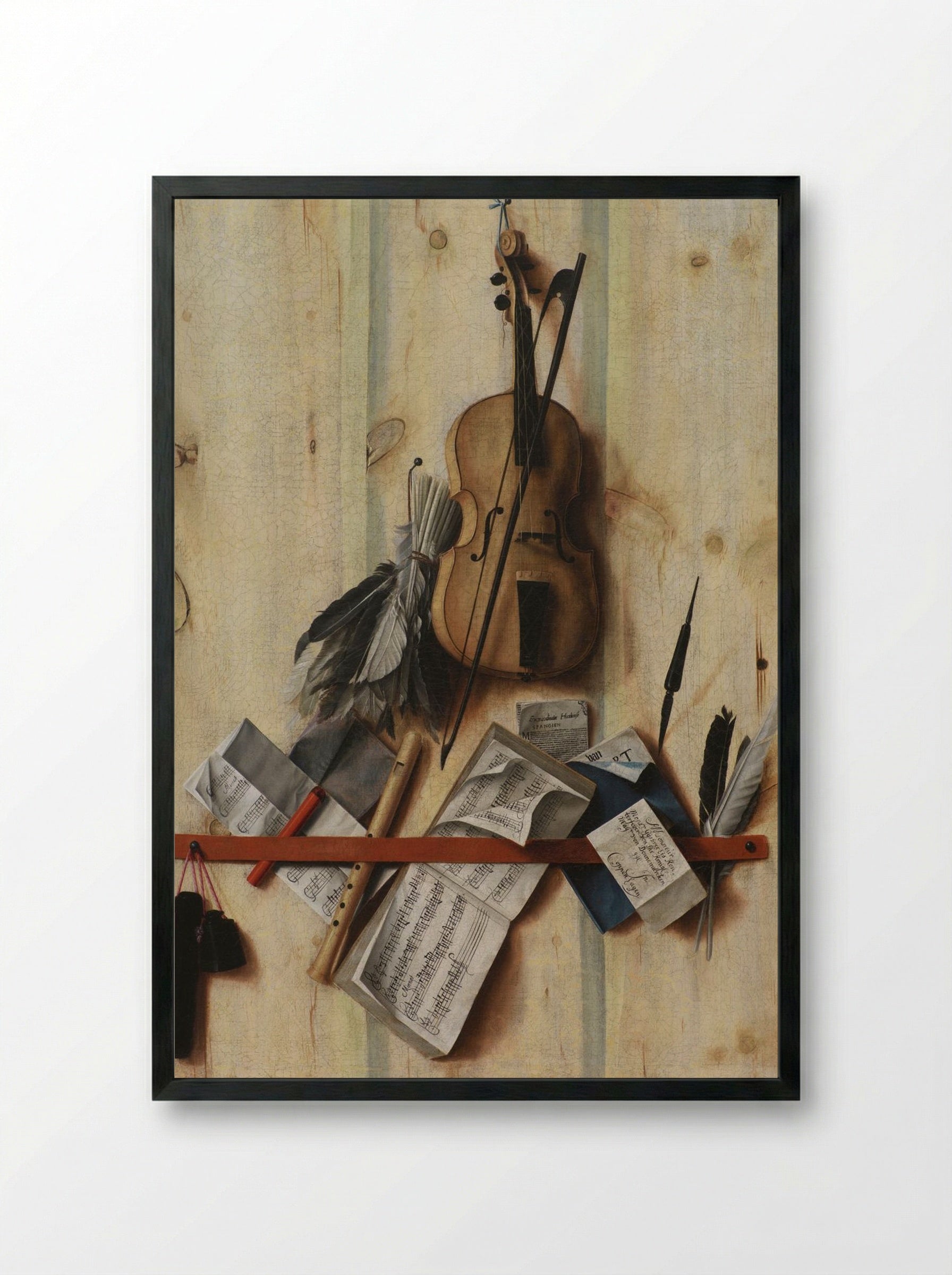 Trompe l'oeil with violin, sheet music and recorder - Cornelis Norbertus Gysbrechts - Framed Print Black