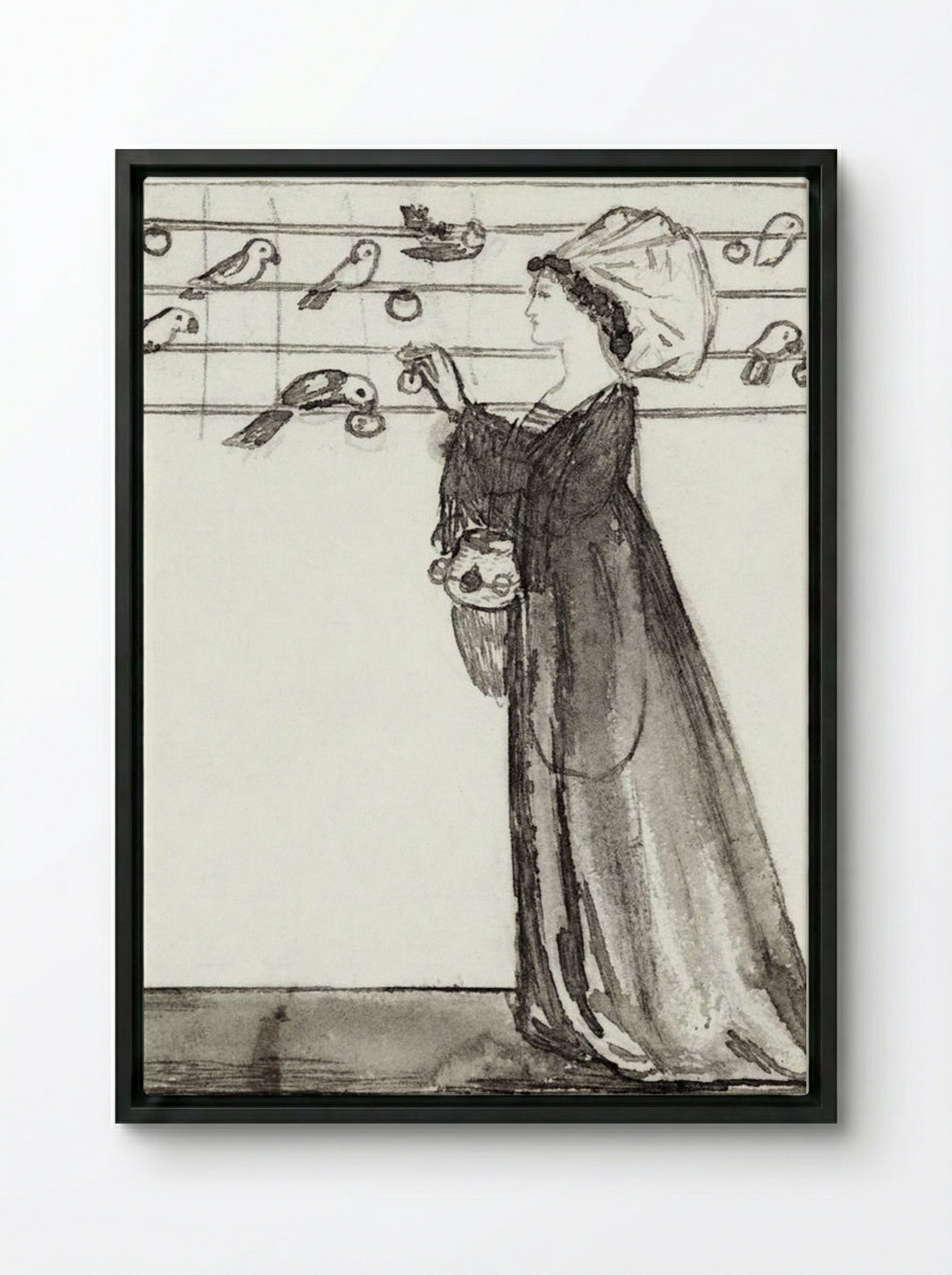 Study of a Lady Feeding Parrots - Edward Burne-Jones - Framed Canvas Black