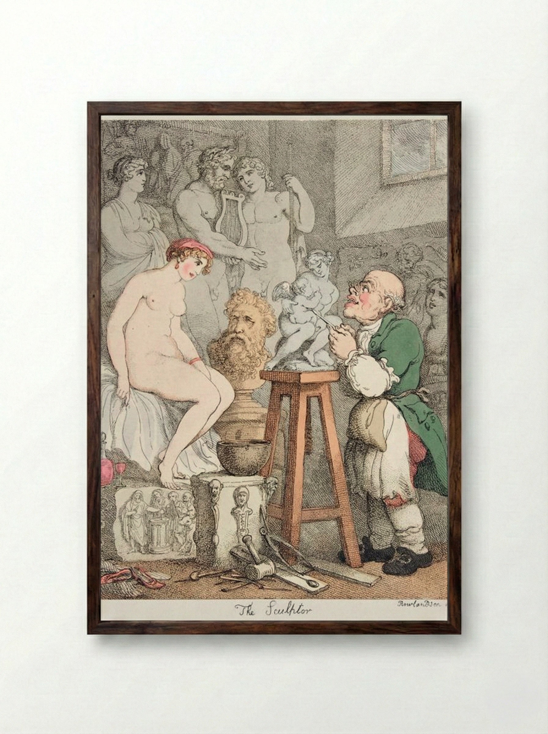 The Sculptor, Preparations for the Academy: Old Joseph Nollekens and his Venus - Thomas Rowlandson - Framed Print Dark Wood