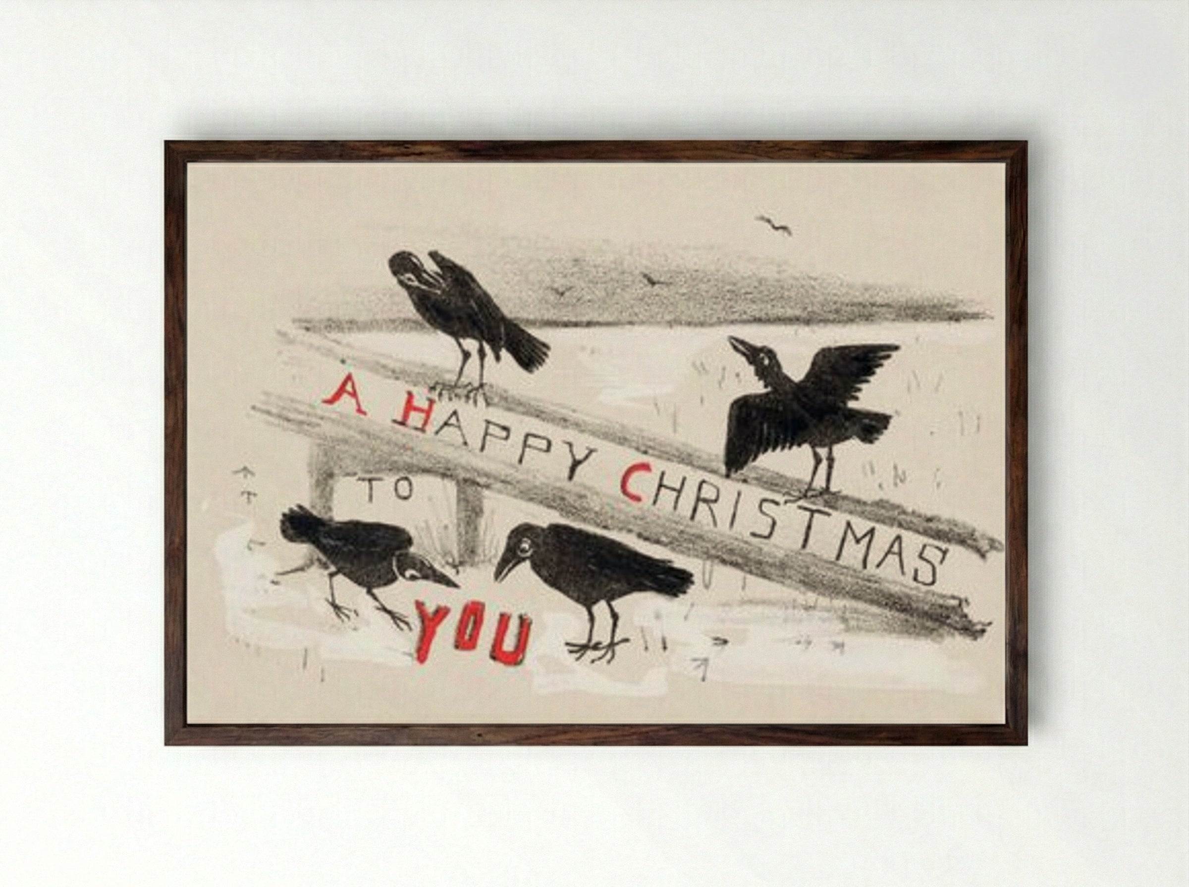 Christmas Card with Four Crows - Theo van Hoytema - Framed Print Dark Wood