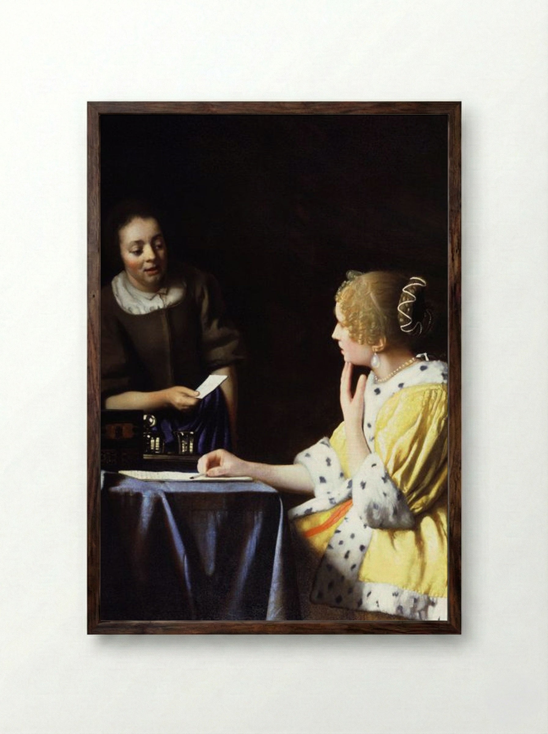 Mistress and Maid - Johannes Vermeer - Framed Print Dark Wood