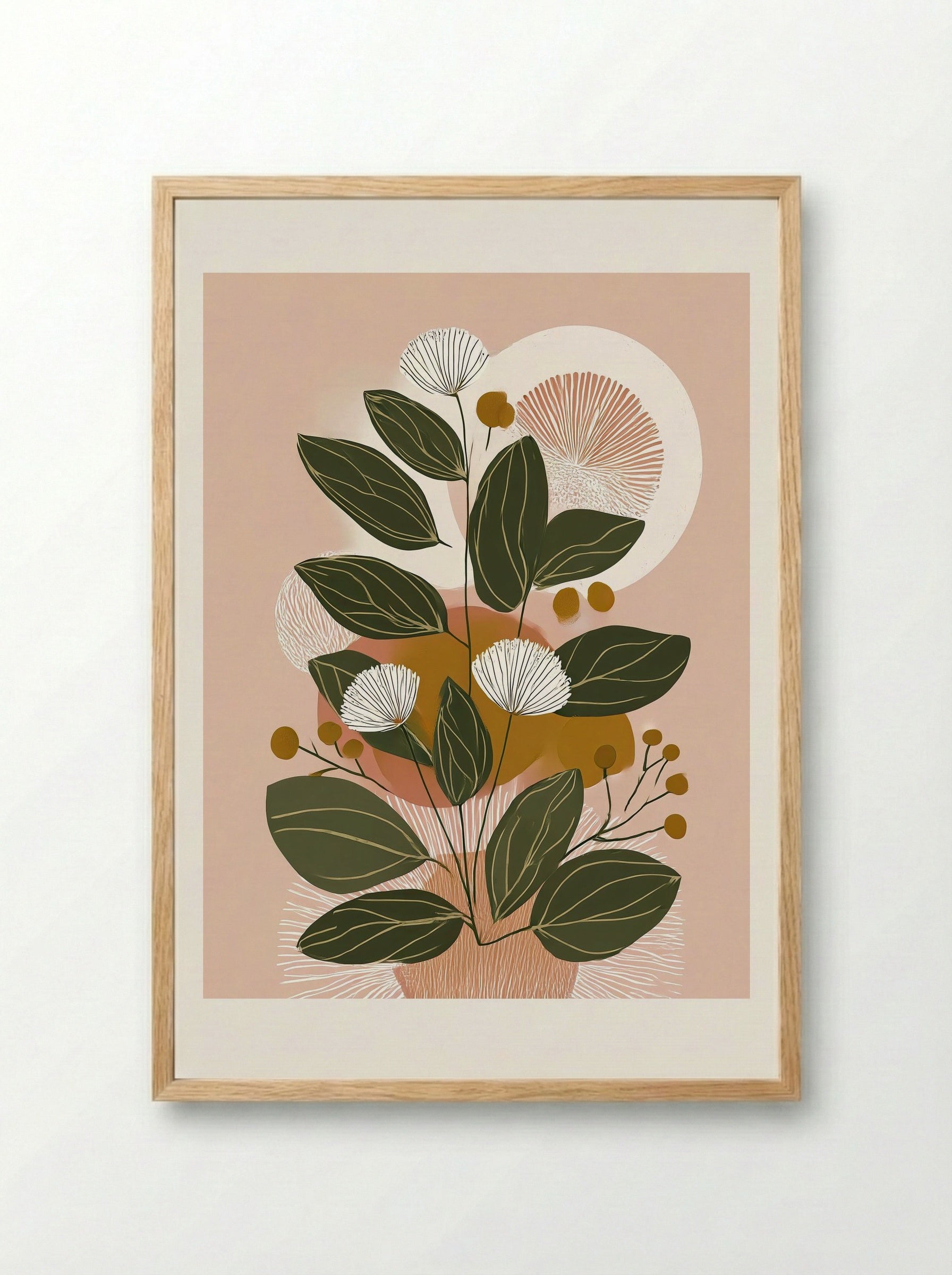 Soft Bloom Botanical Line Art Print - Framed Print Wood