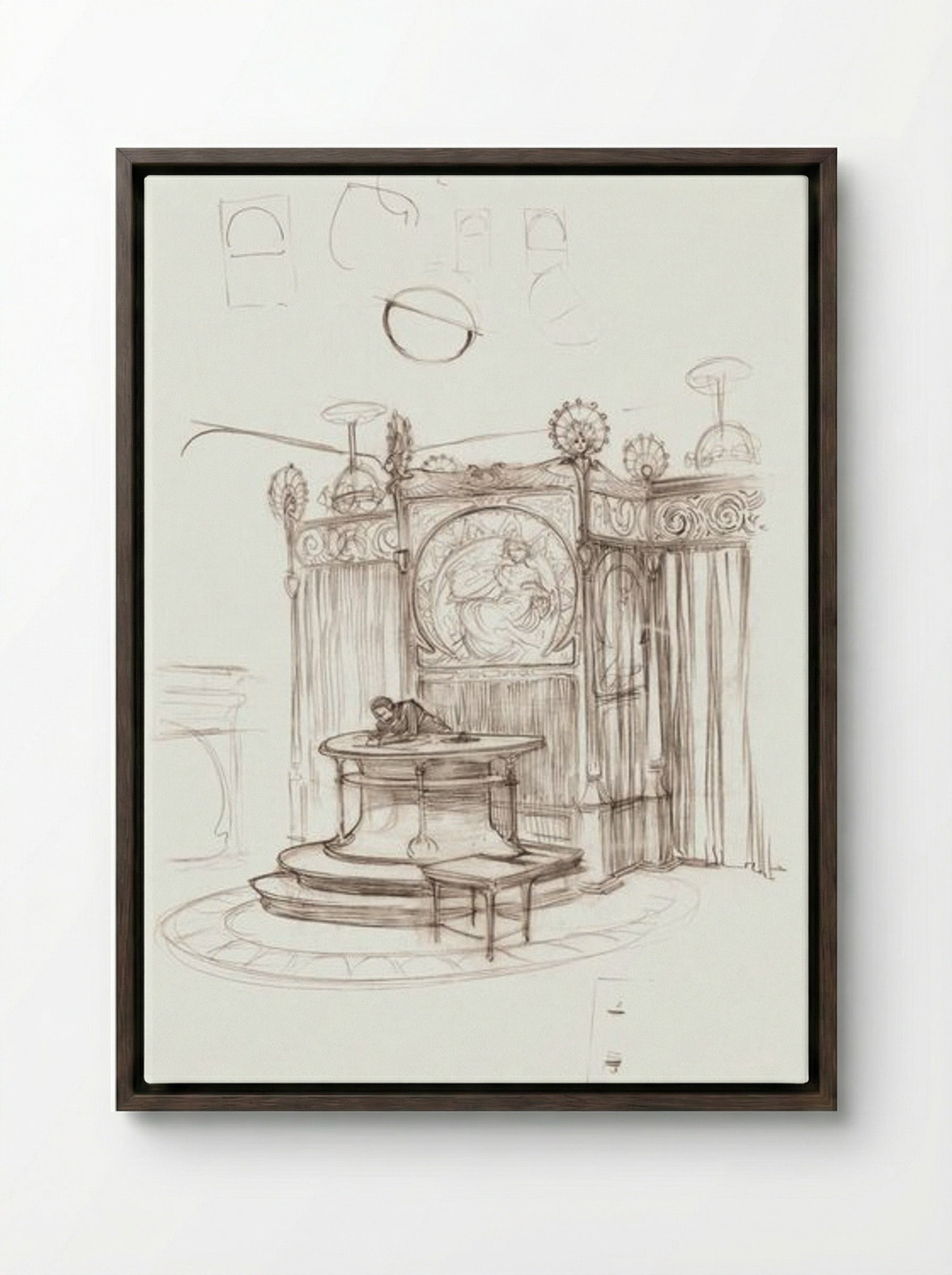 Sketch of an Office Interior - Alphonse Mucha - Framed Canvas Dark Wood
