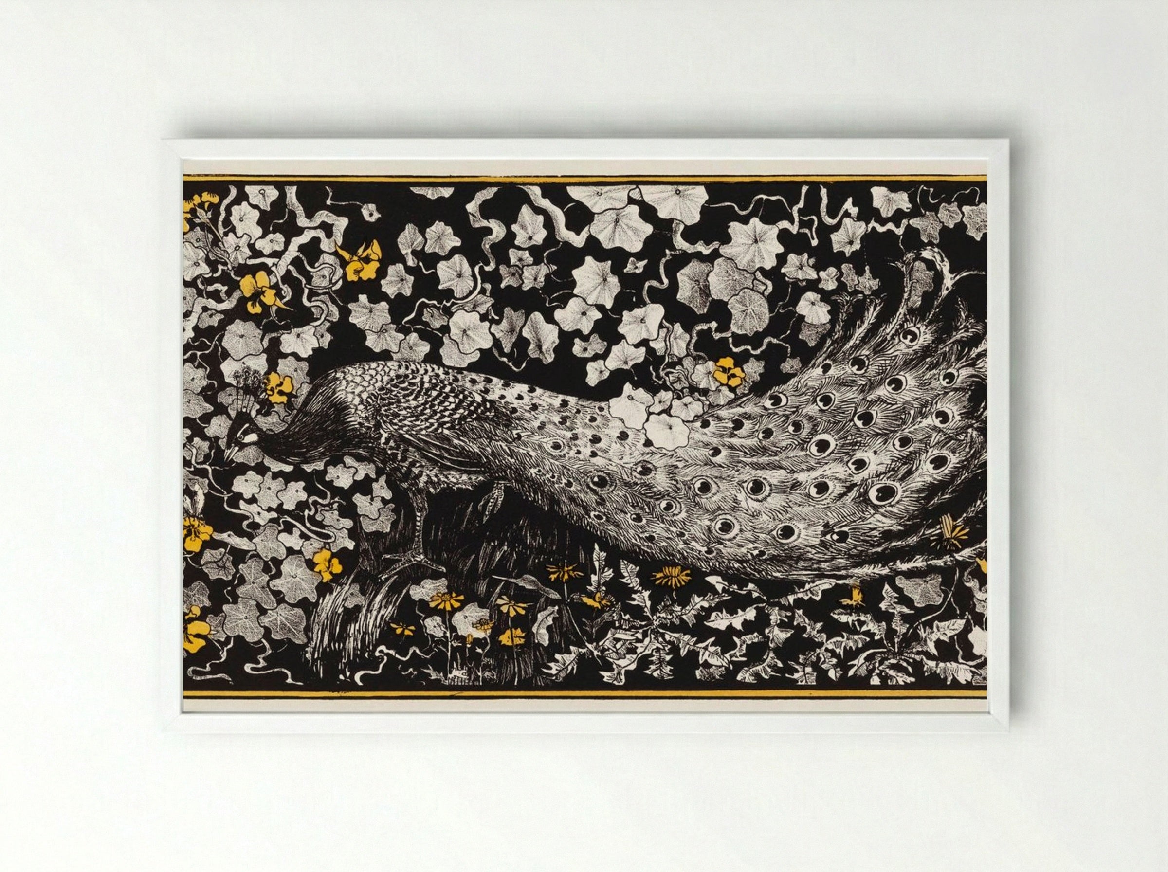Peacock Among Foliage - Theo van Hoytema - Framed Print White