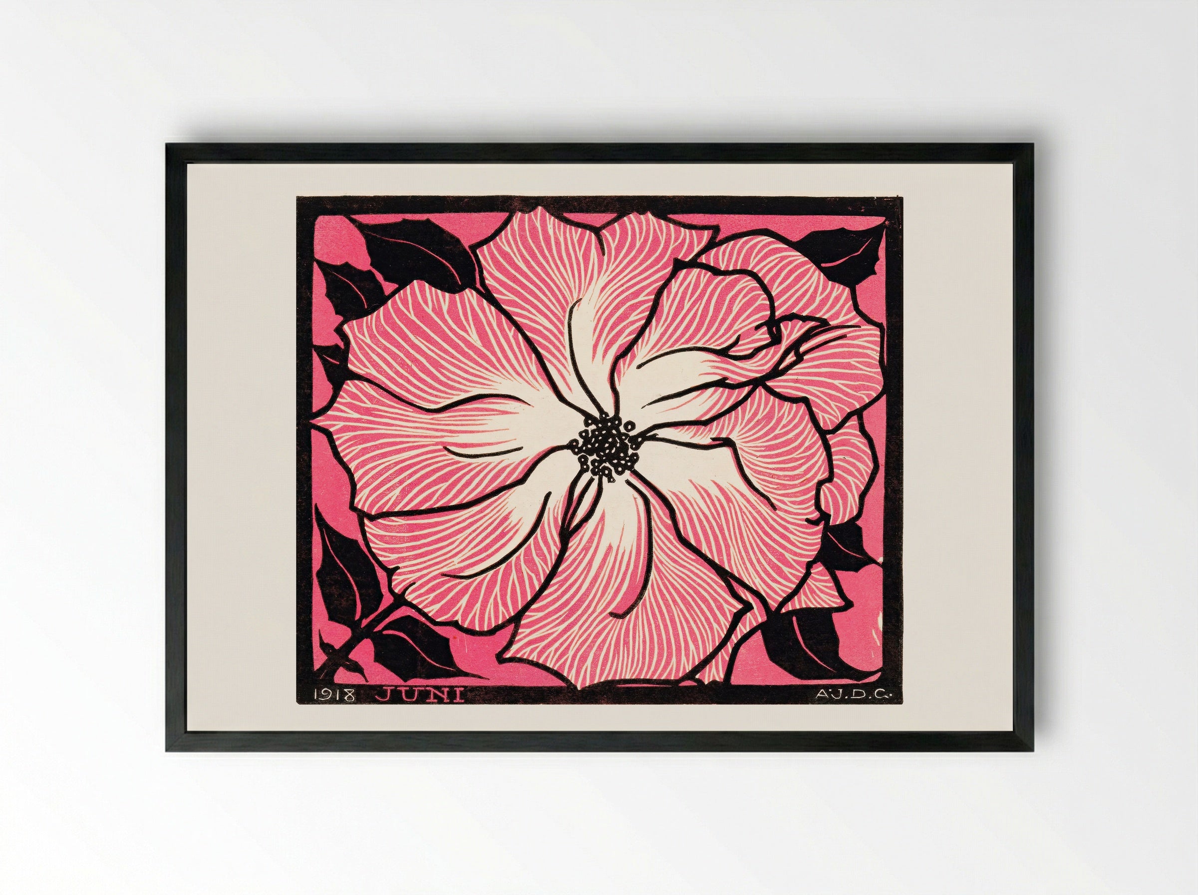June (Floral Woodcut) - Julie de Graag - Framed Print Black