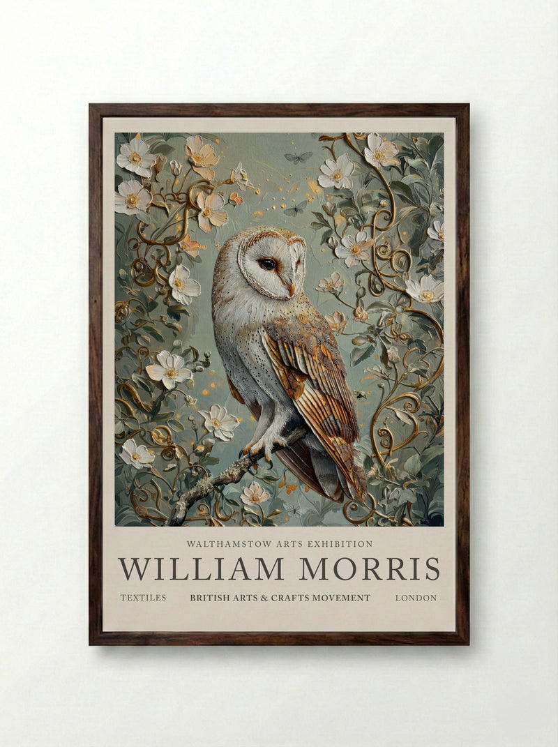 Barn Owl Whispering Wings - William Morris - Framed Print Dark Wood