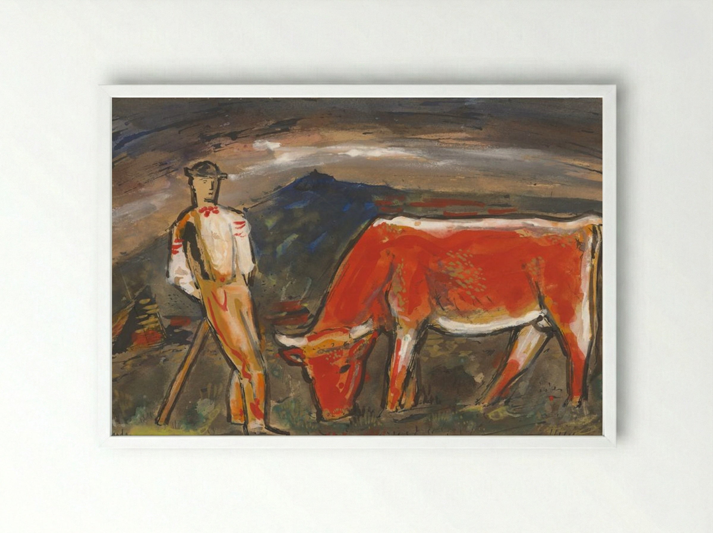 Shepherd with Red Cow - Mikuláš Galanda - Framed Print White