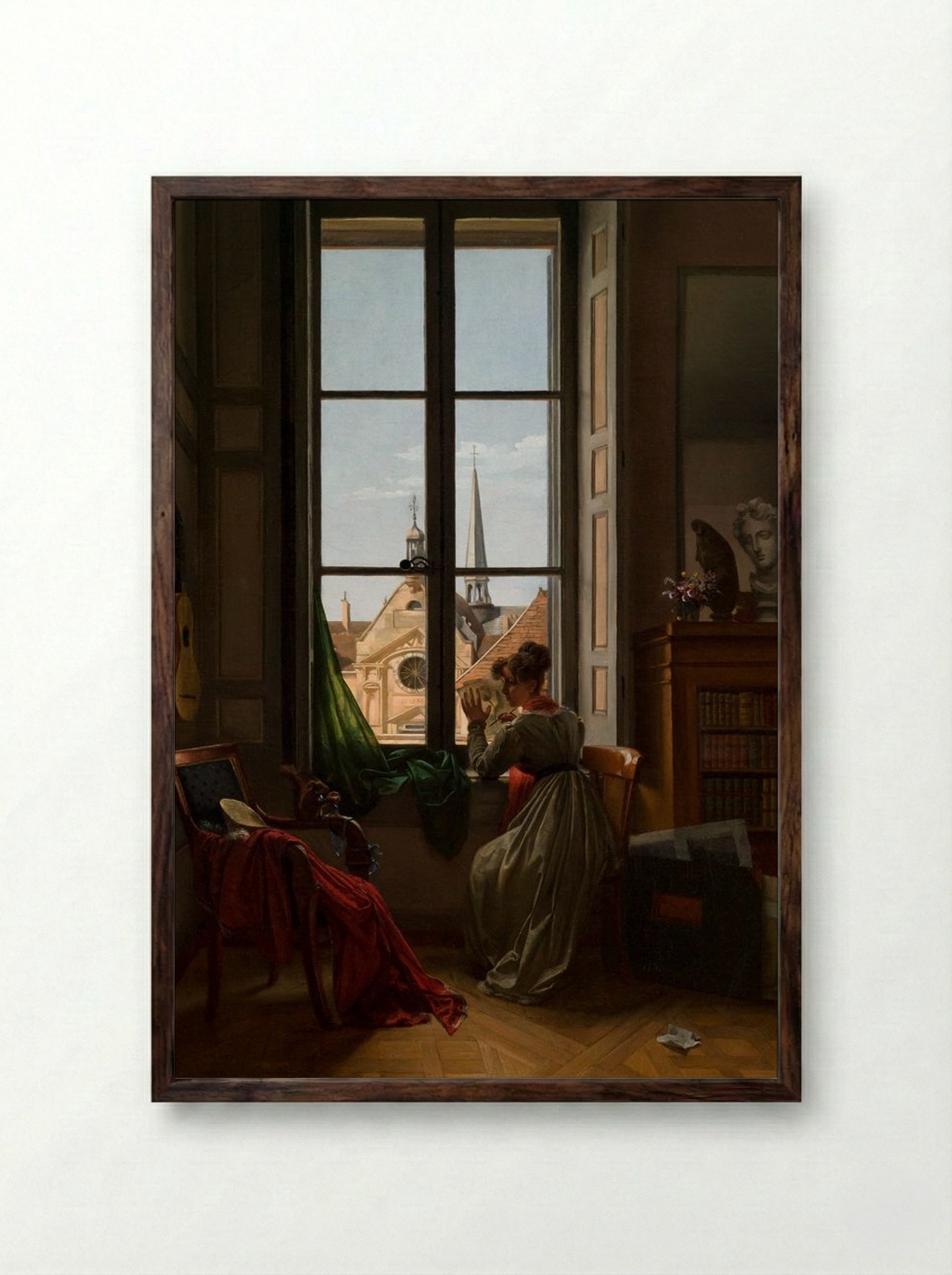 Interior with a Young Woman Drawing - Marie-Denise Villers - Framed Print Dark Wood