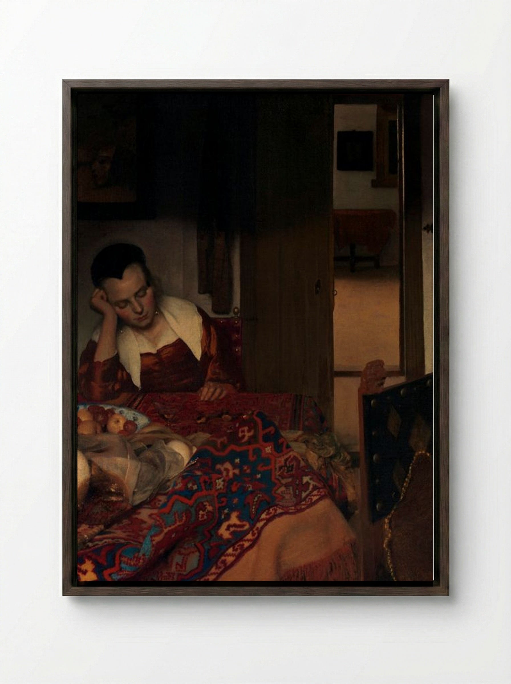 A Maid Asleep - Johannes Vermeer - Framed Canvas Dark Wood