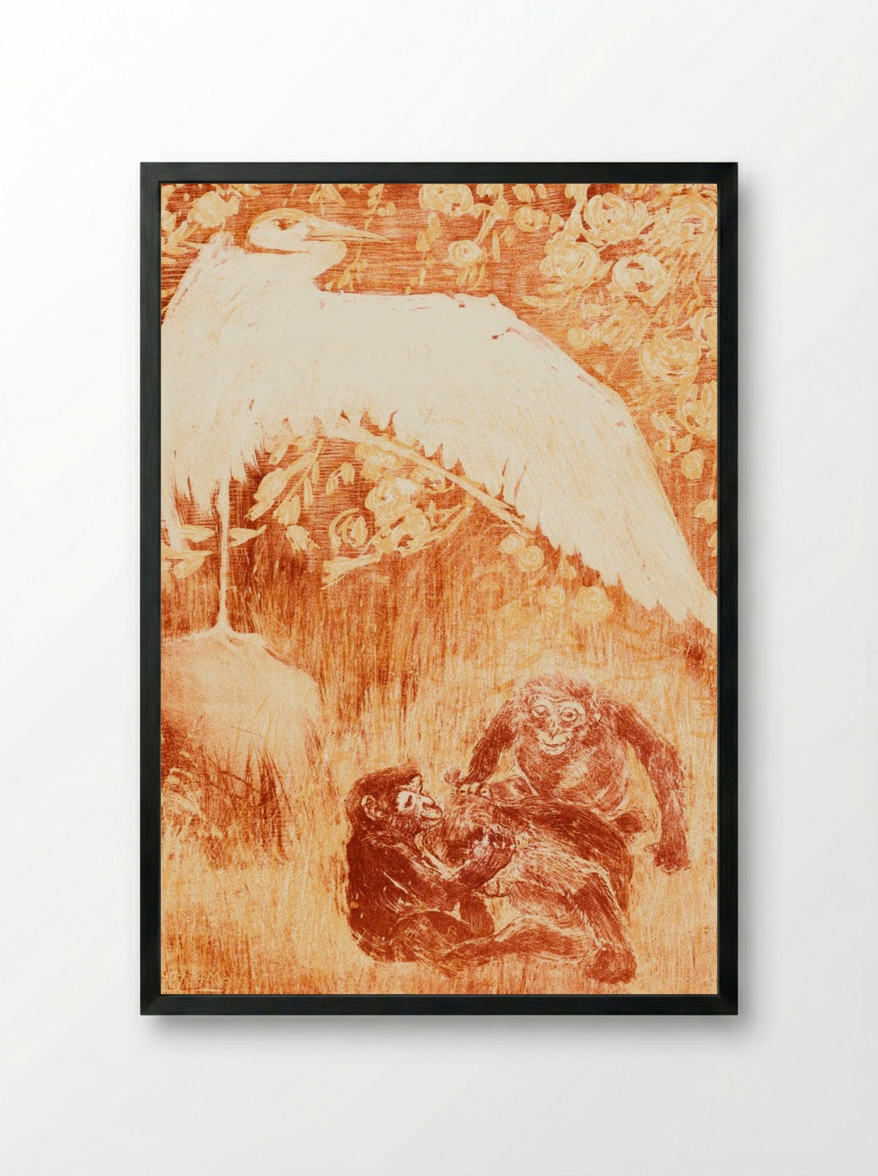 Reiger met drie apen (Heron with Three Monkeys) - Theo van Hoytema - Framed Print Black