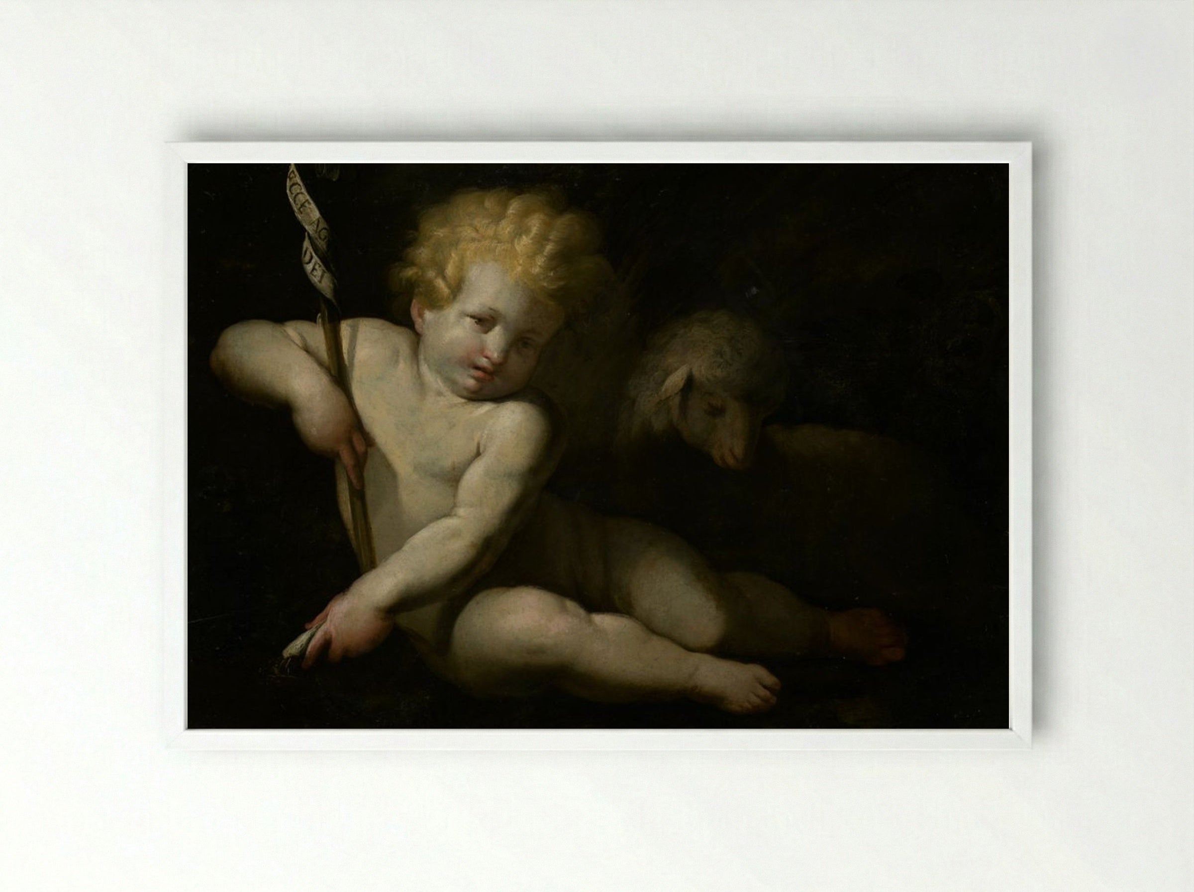 Ecce Agnus Dei (Infant Saint John the Baptist with Lamb) - Bartolomé Esteban Murillo - Framed Print White