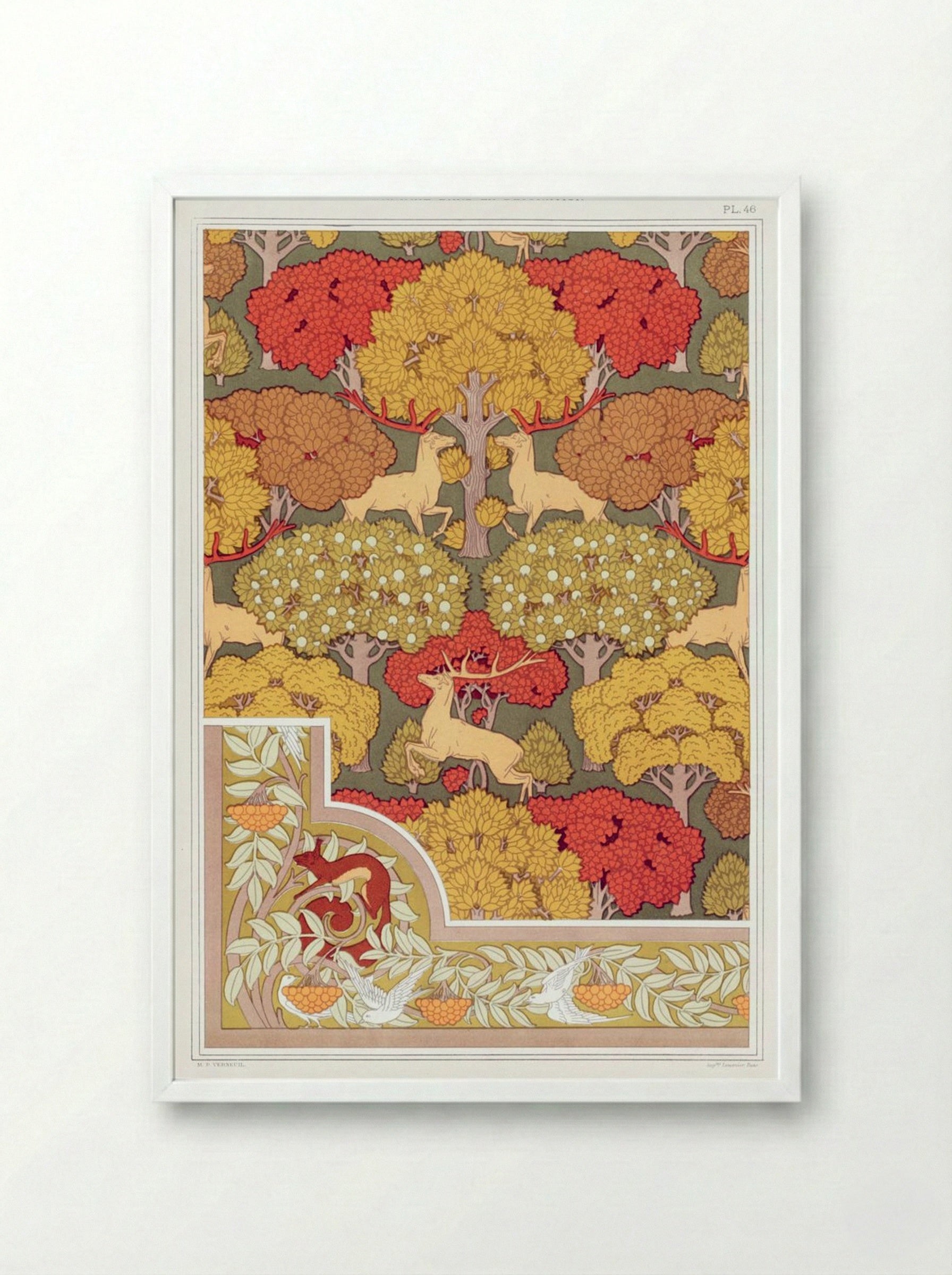 Cerfs et Arbres (Wallpaper Design with Deer and Trees) - Maurice Pillard Verneuil - Framed Print White