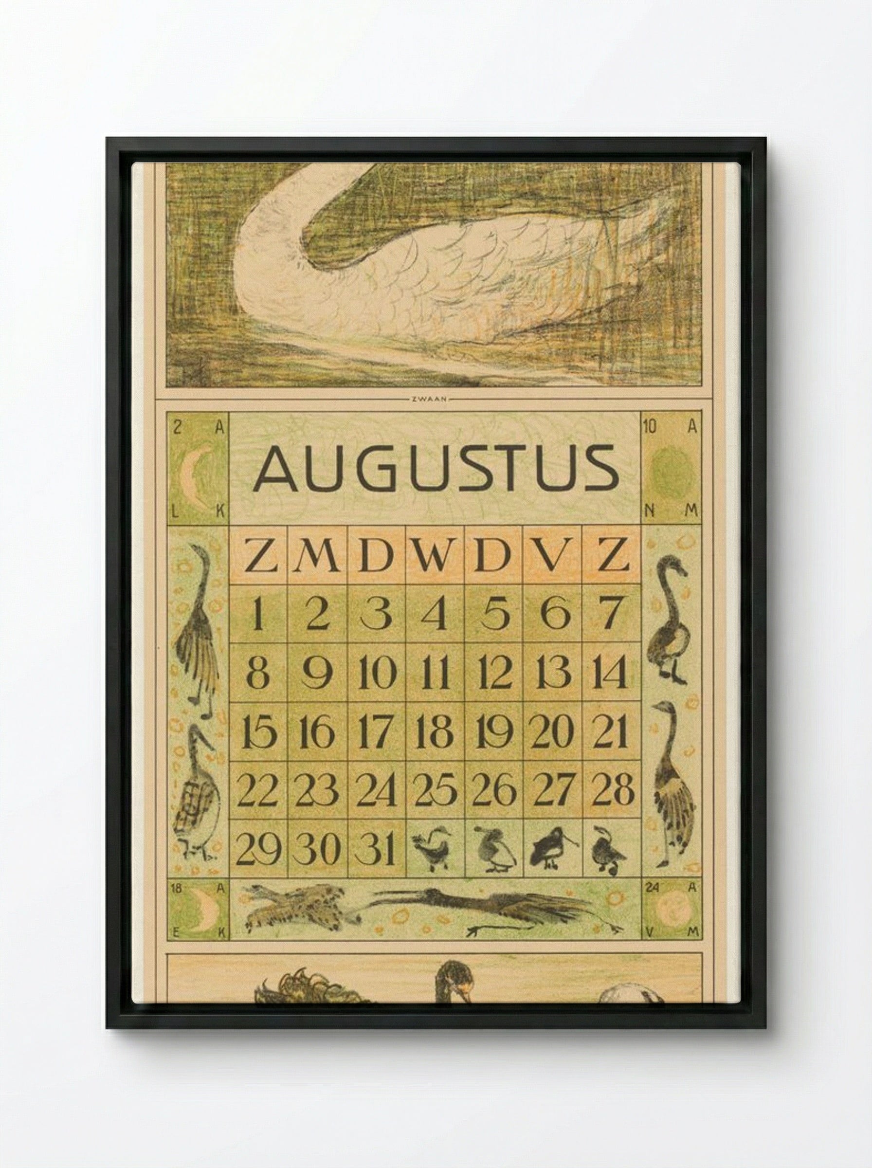 Kalenderblad Augustus met Zwaan - Theo van Hoytema - Framed Canvas Black