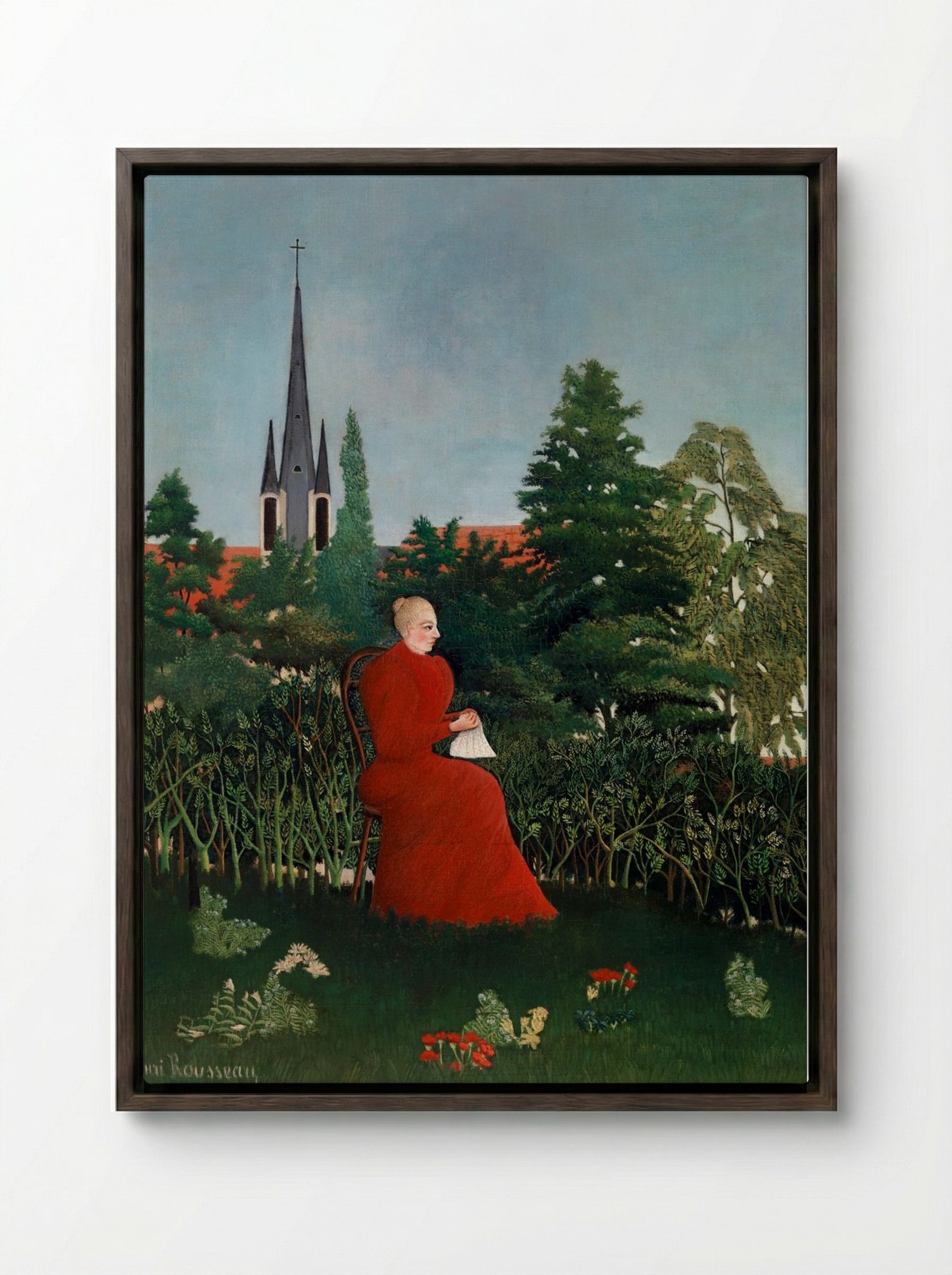 Portrait of a Woman in a Landscape - Henri Rousseau - Framed Canvas Dark Wood
