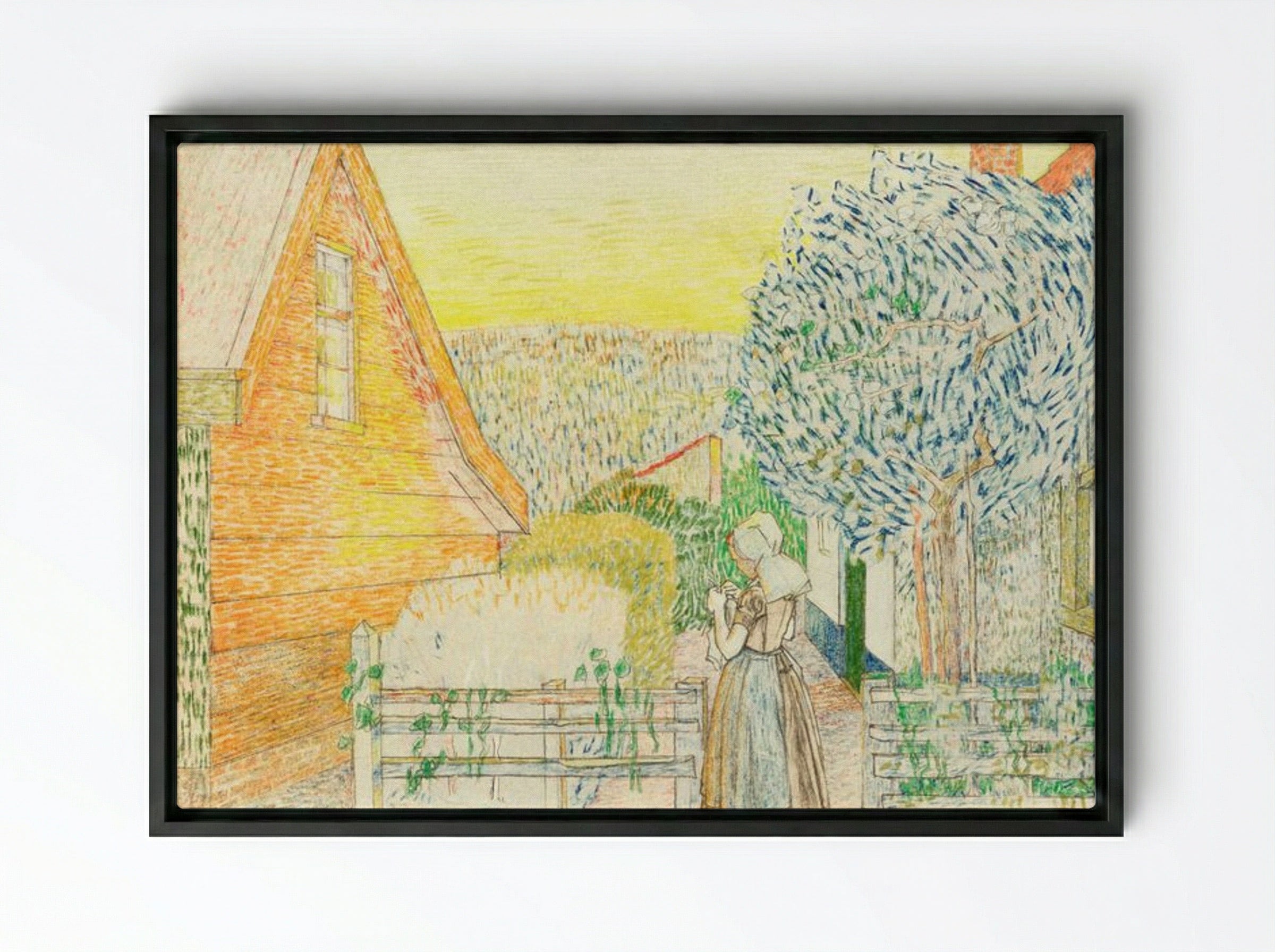 Zeeland Girl Knitting in a Courtyard - Jan Toorop - Framed Canvas Black