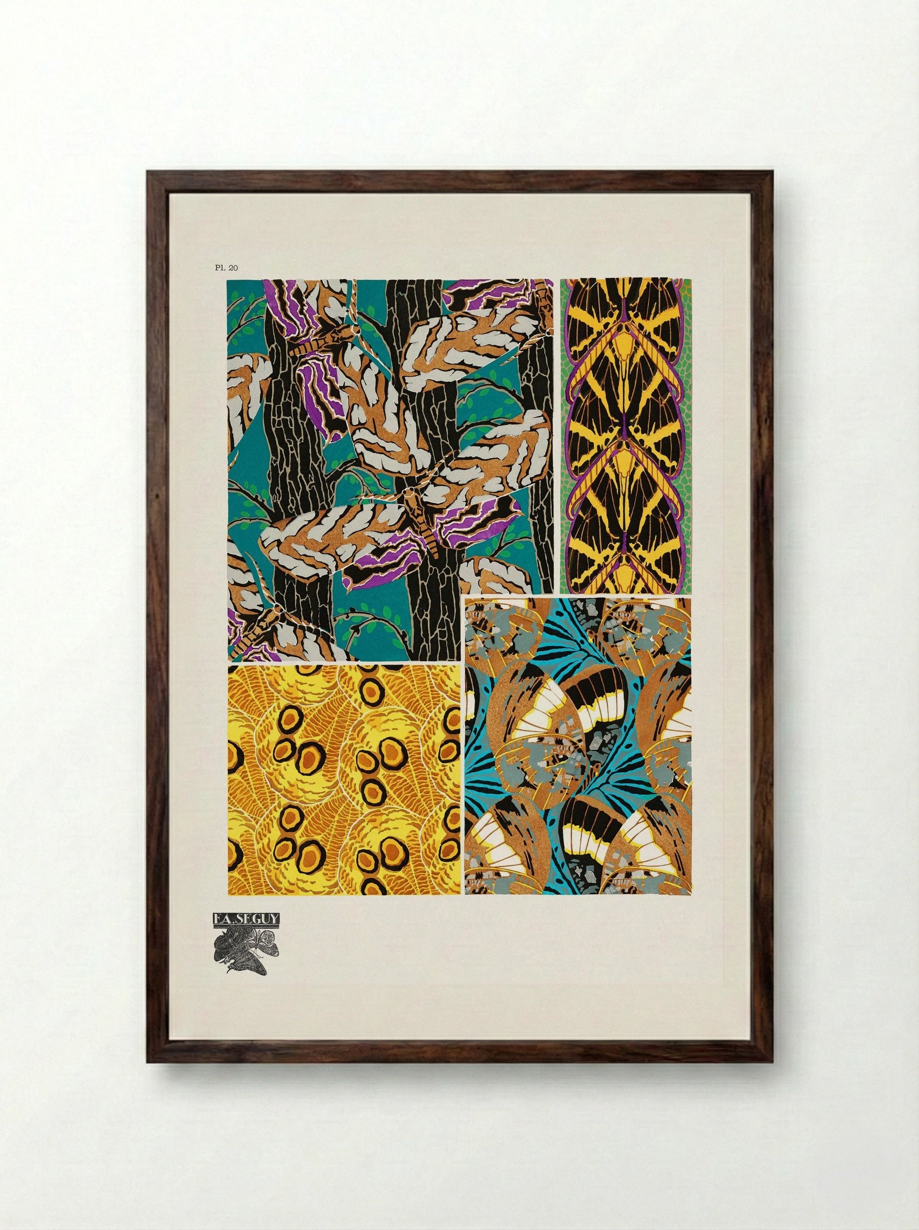 Butterflies Pattern Plate (from Papillons) - Émile-Allain Séguy - Framed Print Dark Wood