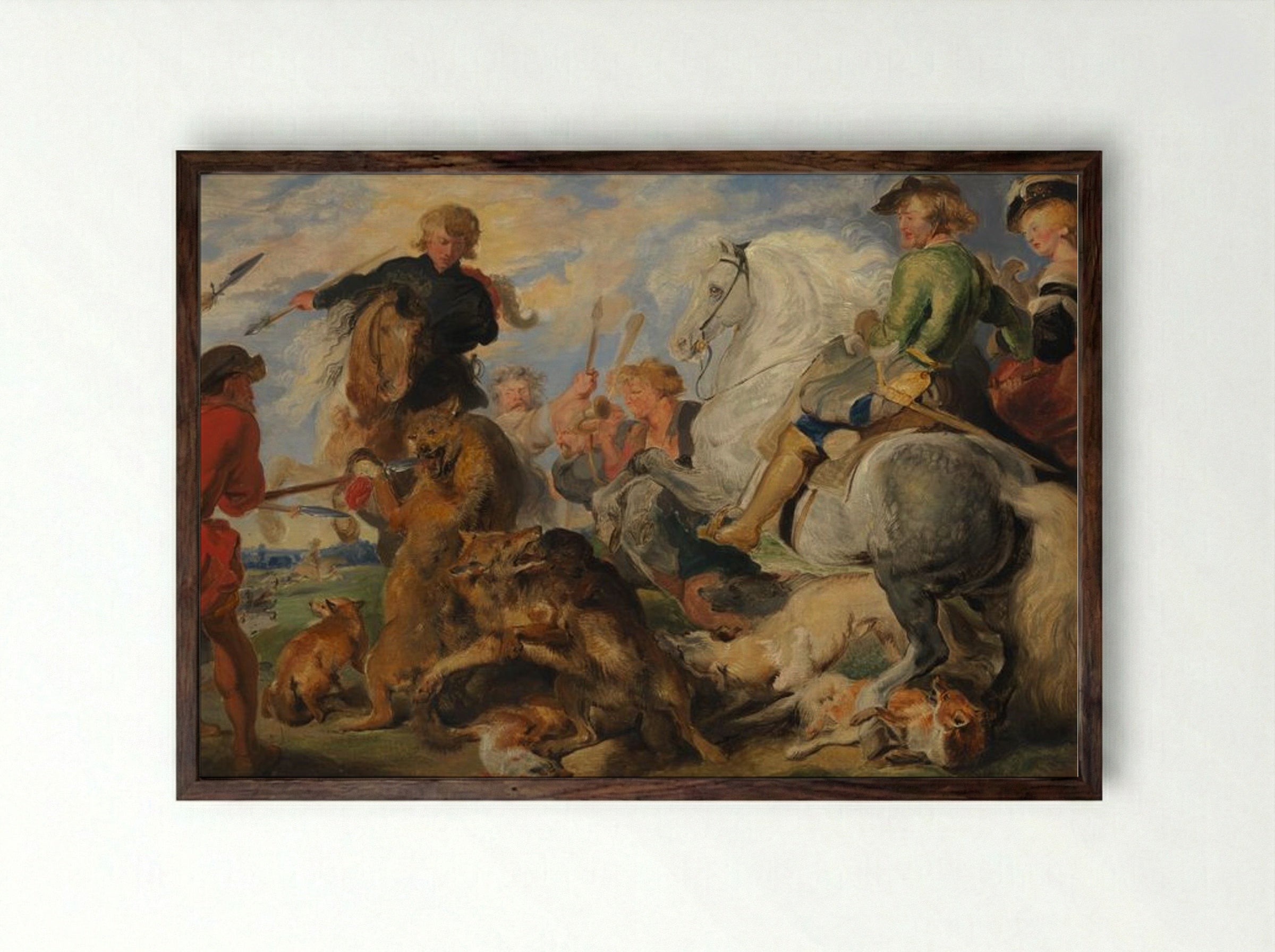 Copy after Rubens's Wolf and Fox Hunt - Peter Paul Rubens - Framed Print Dark Wood