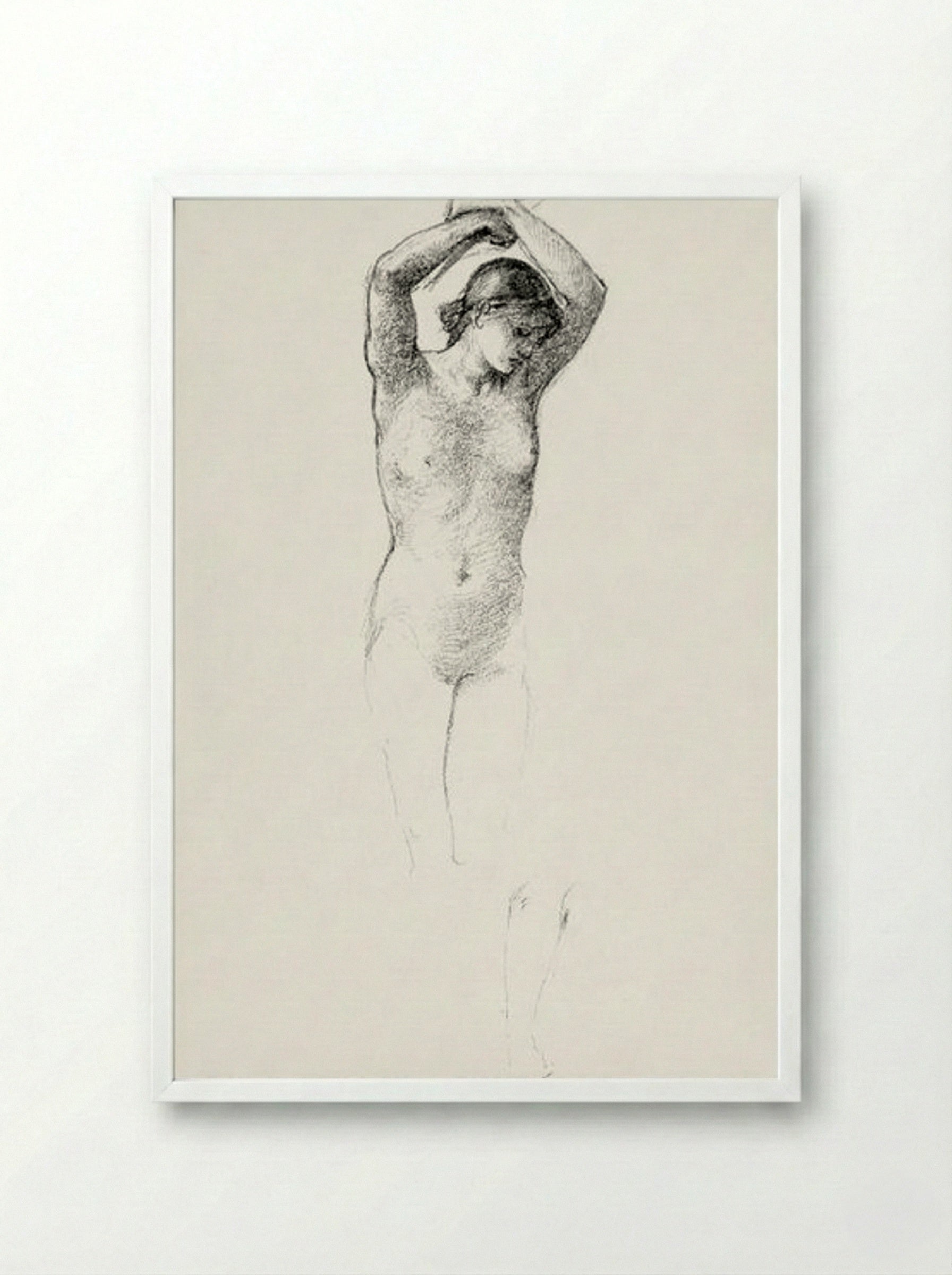 Standing Female Nude with Arms Raised - Edward Burne-Jones - Framed Print White