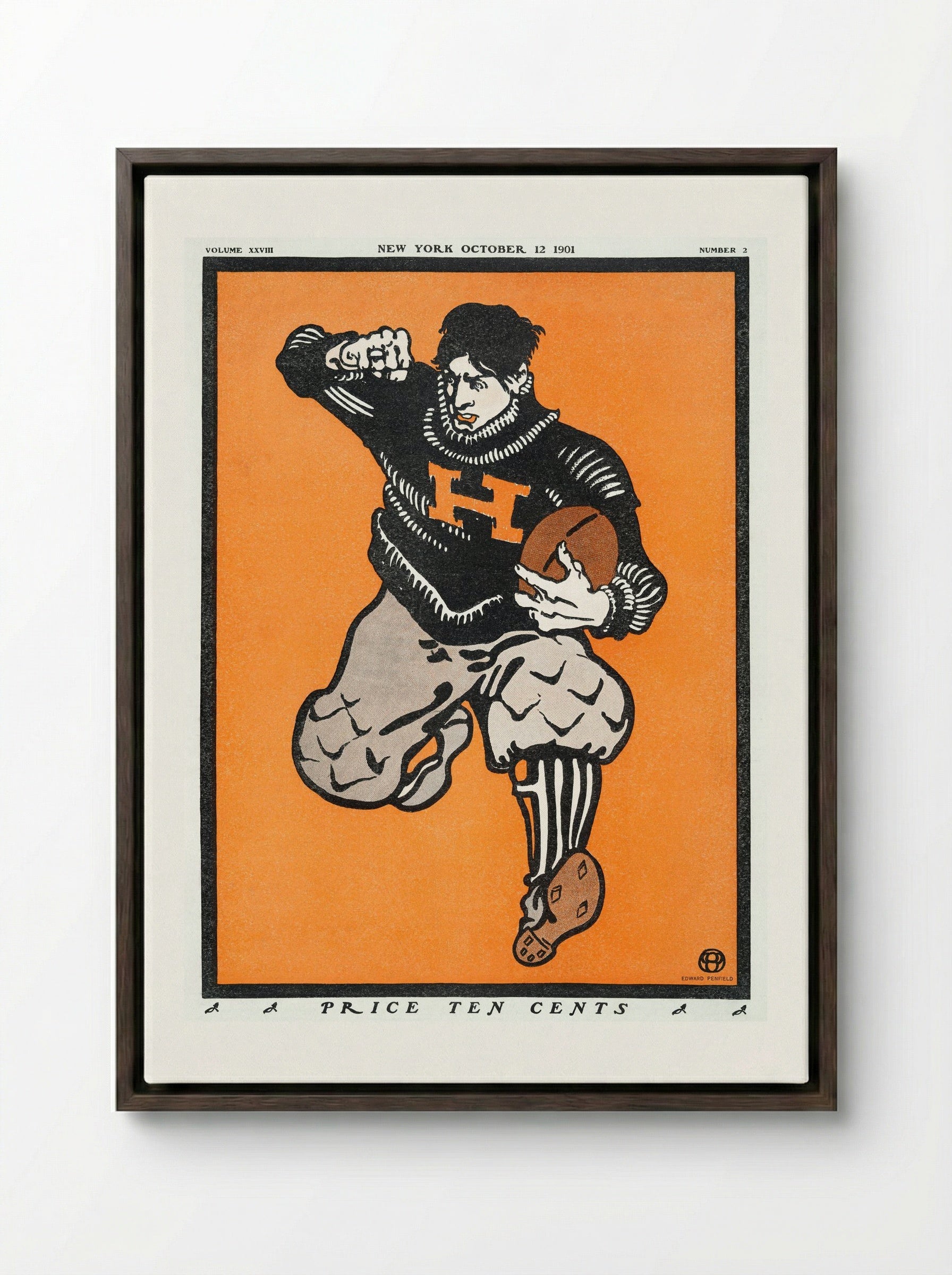 American Football Player - Edward Penfield - Framed Canvas Dark Wood