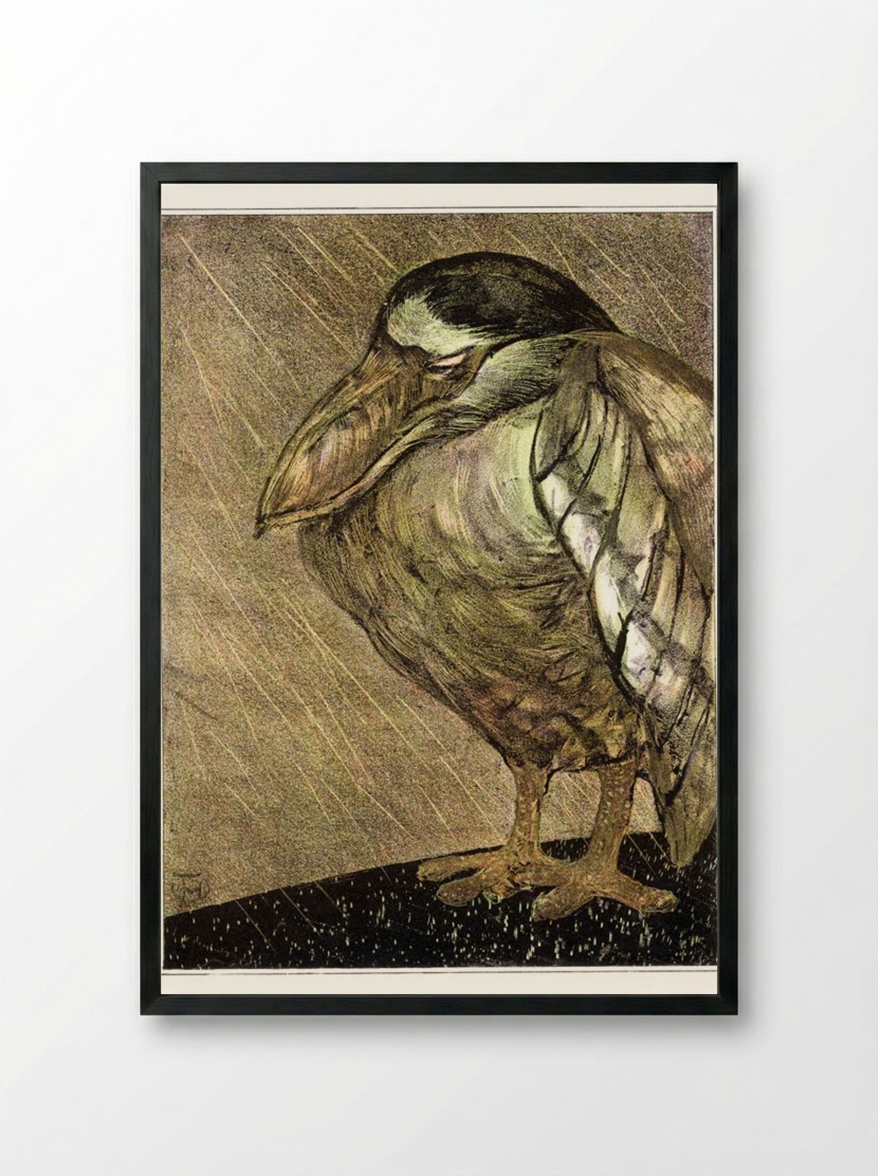 Schuitbekreiger in de regen (Night Heron in the Rain) - Theodorus van Hoytema - Framed Print Black