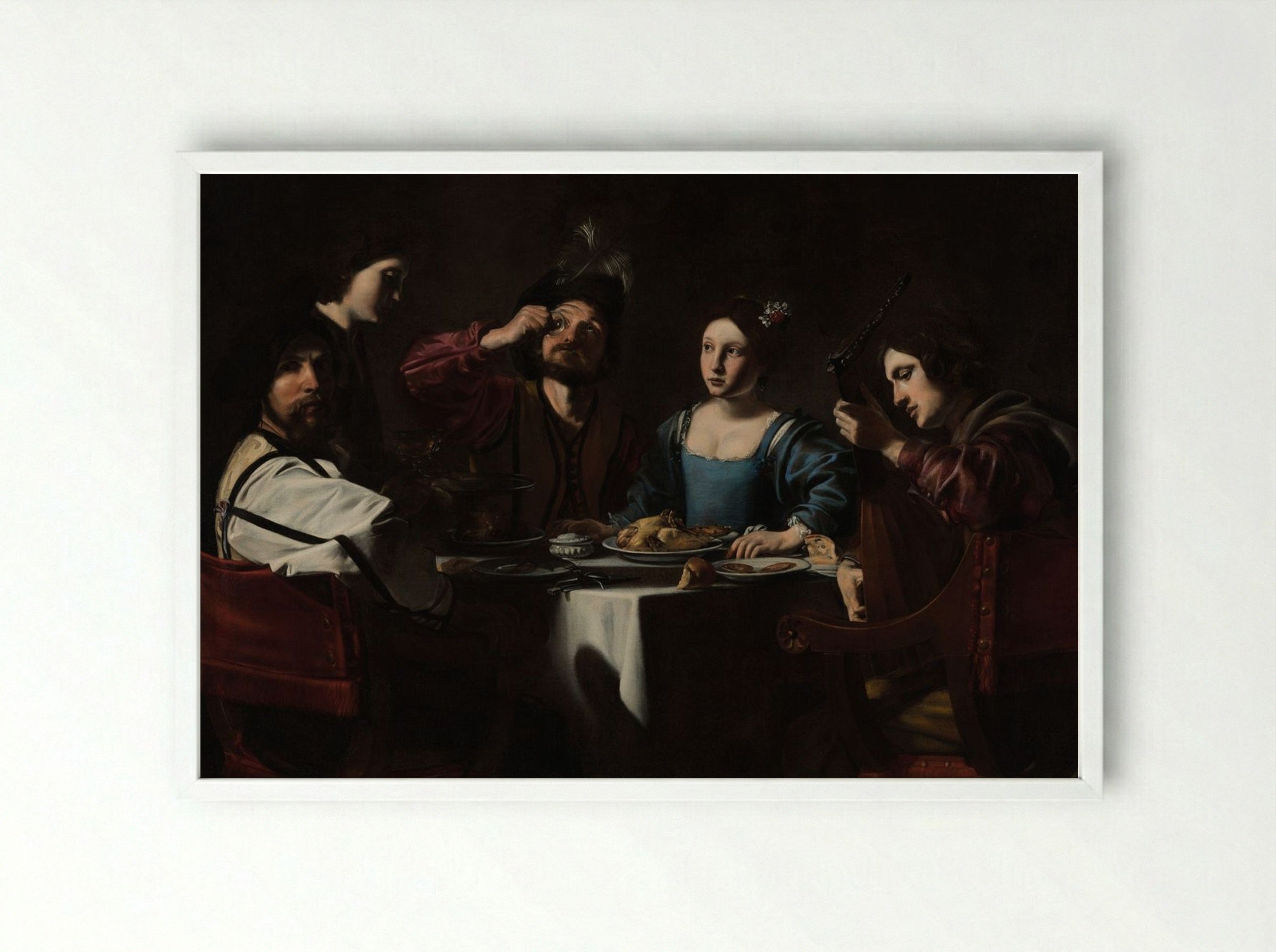 Banquet Scene with a Lute Player - Valentin de Boulogne - Framed Print White