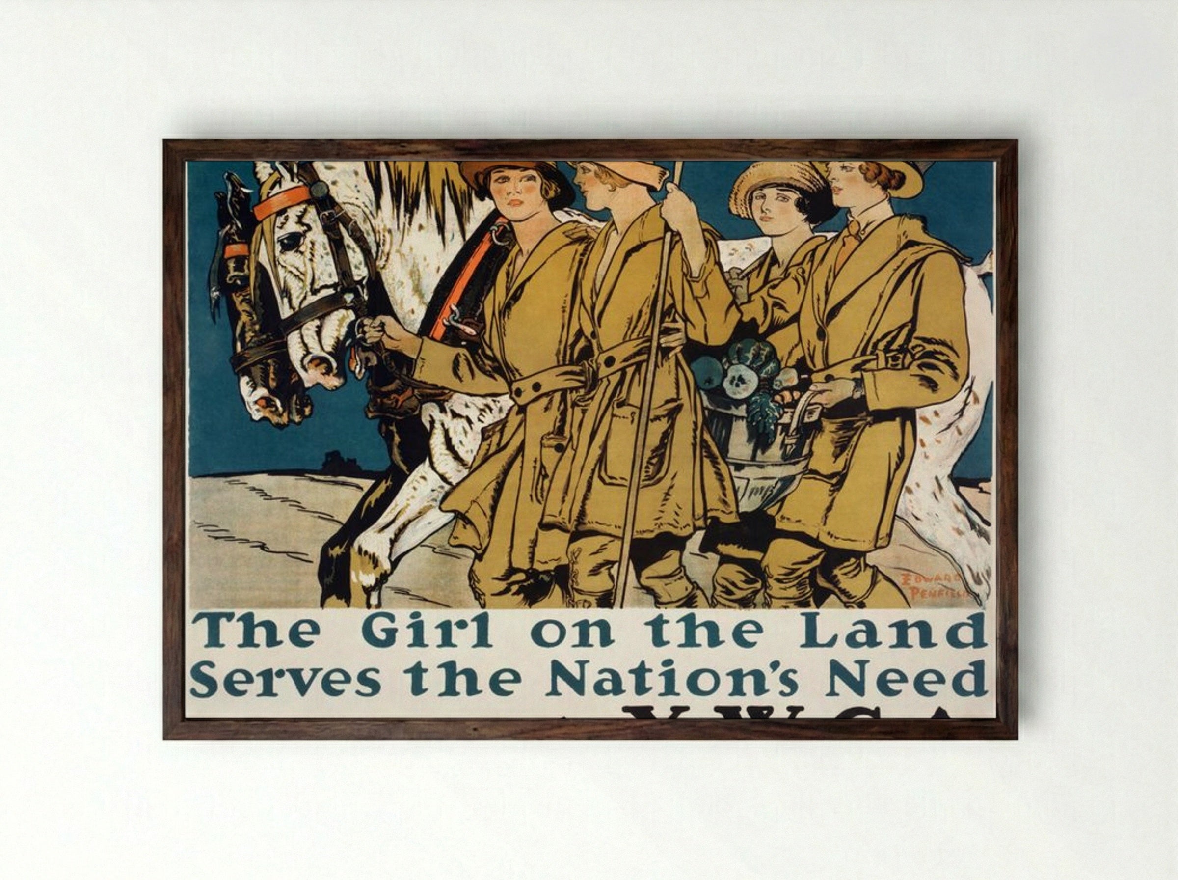 The Girl on the Land Serves the Nation's Need - Edward Penfield - Framed Print Dark Wood