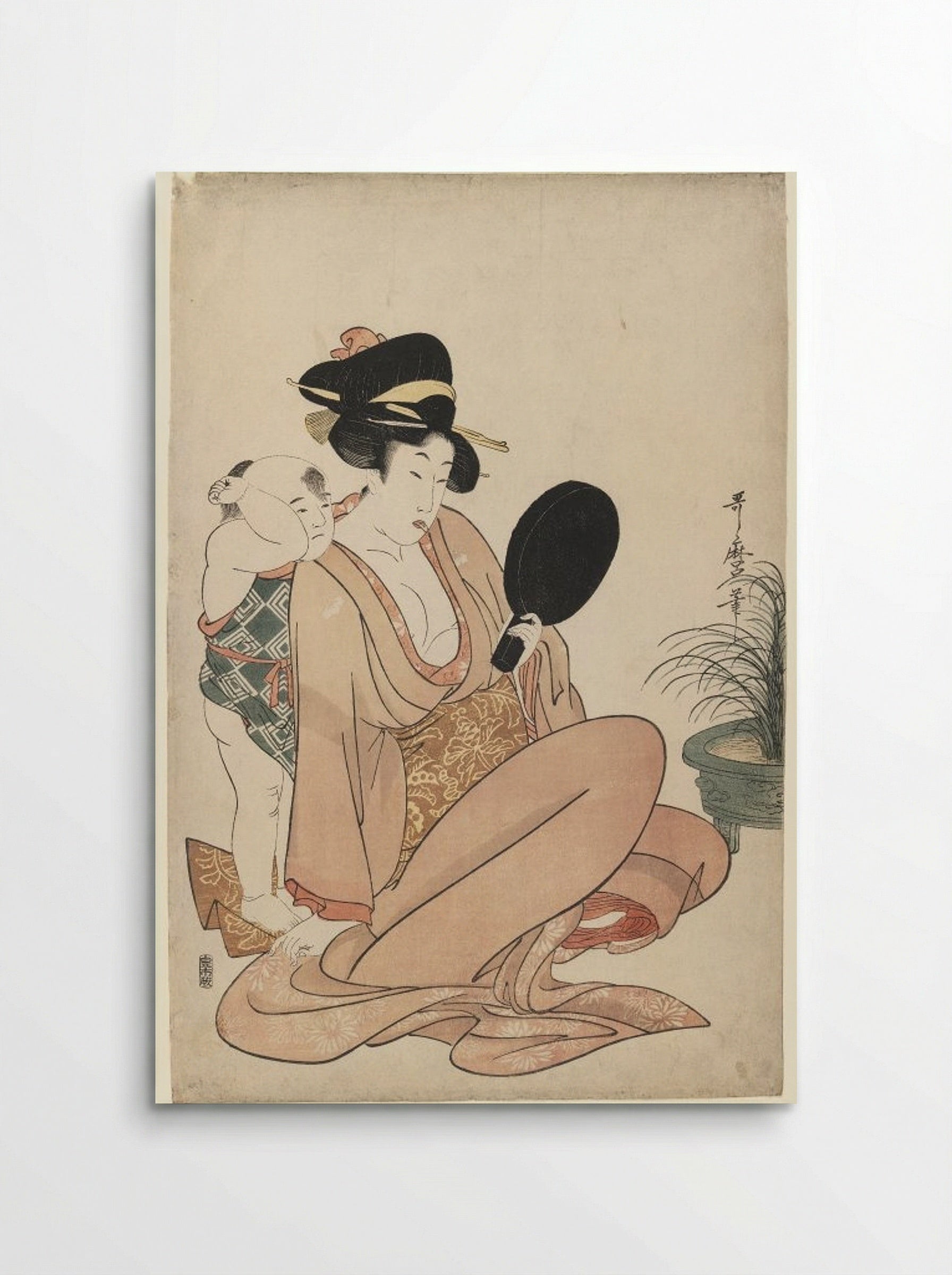 Mother and Child Gazing at a Hand Mirror - Kitagawa Utamaro - Poster