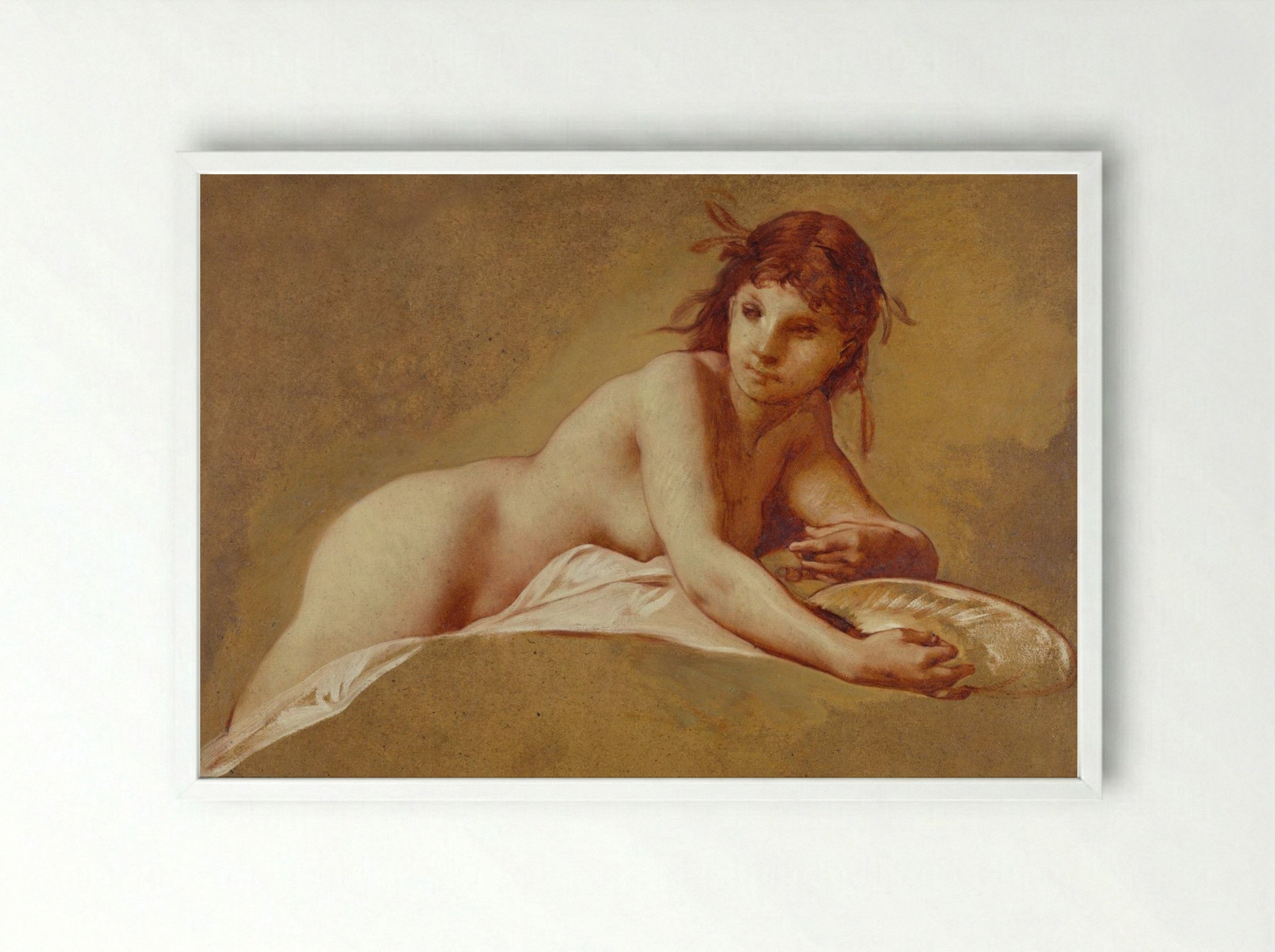 Reclining Nude with Seashell - Pierre-Victor Galland - Framed Print White
