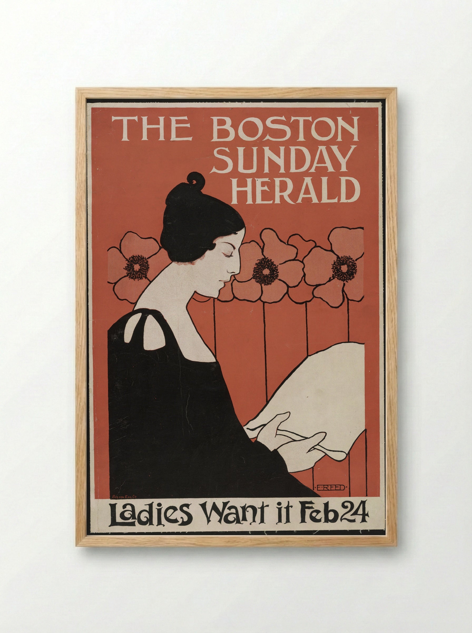 Portrait of a Woman Reading a Newspaper with Flowers - Ethel Reed - Framed Print Wood