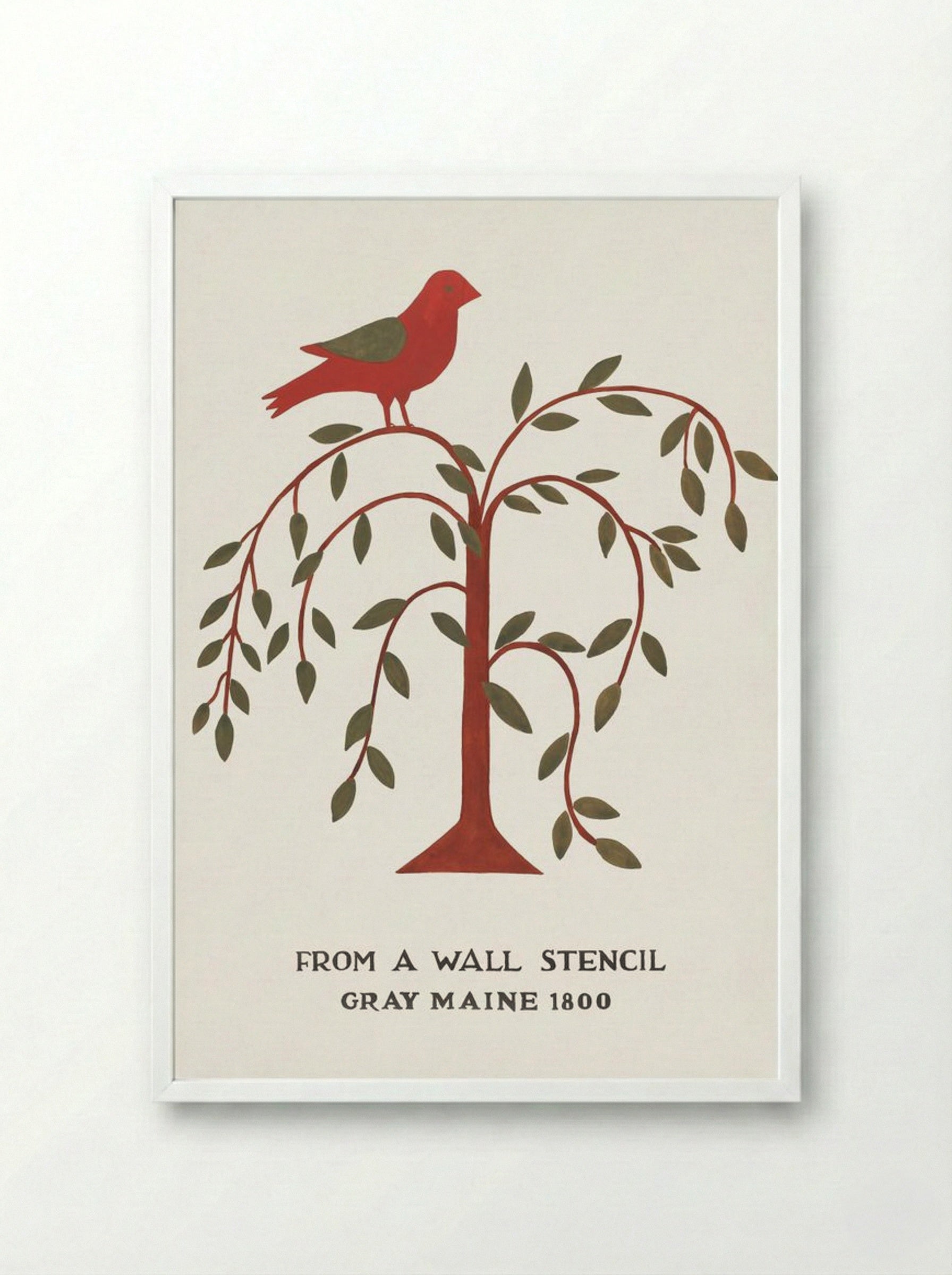 Maine Wall Stencil with Bird and Tree - Mildred E. Bent - Framed Print White