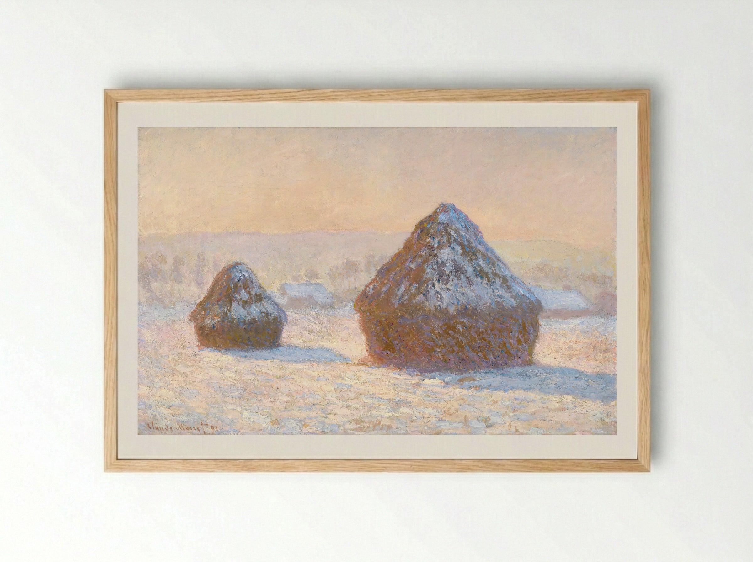 Wheatstacks, Snow Effect, Morning - Claude Monet - Framed Print Wood