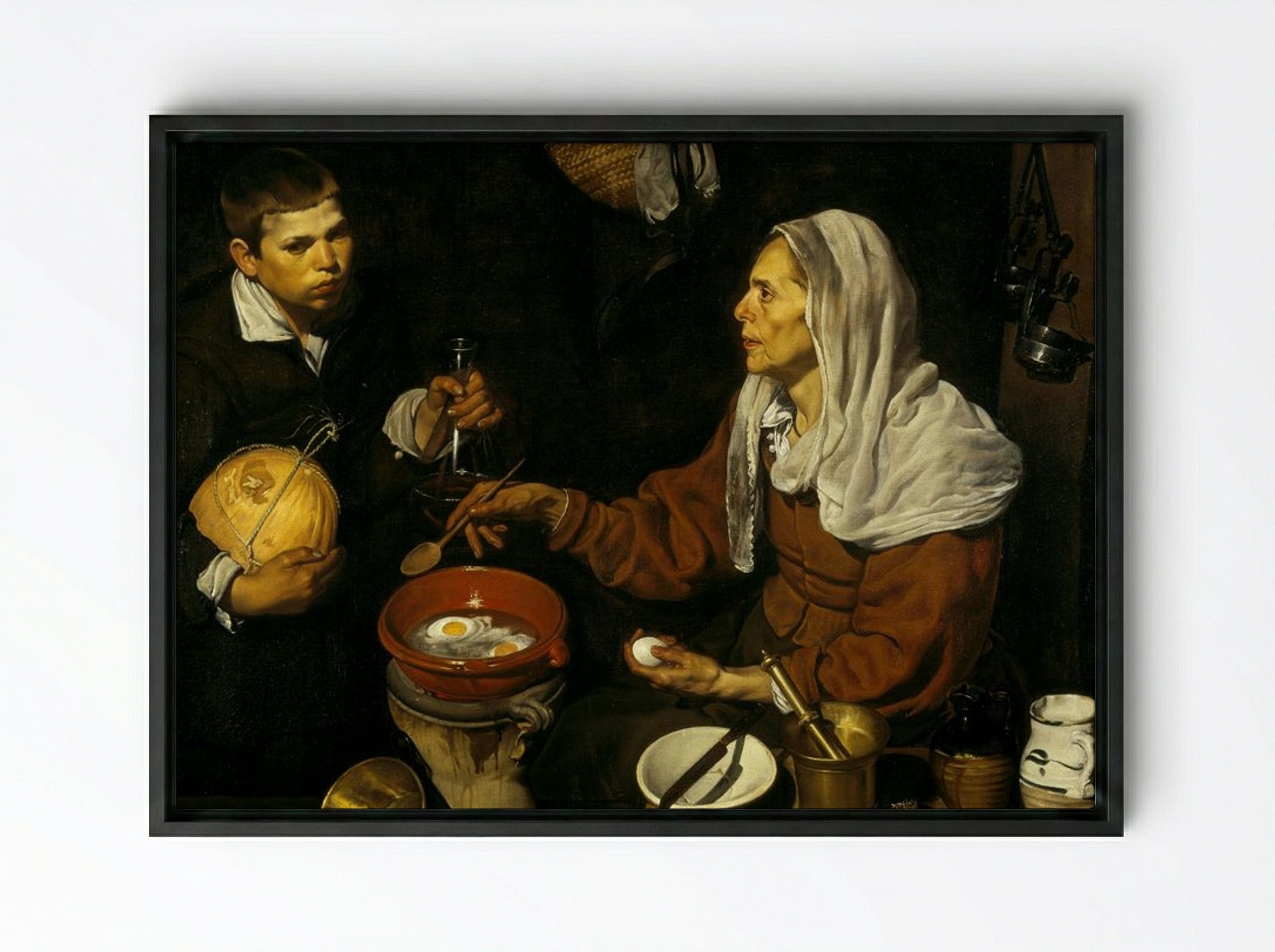 Vieja friendo huevos (Old Woman Frying Eggs) - Diego Velázquez - Framed Canvas Black