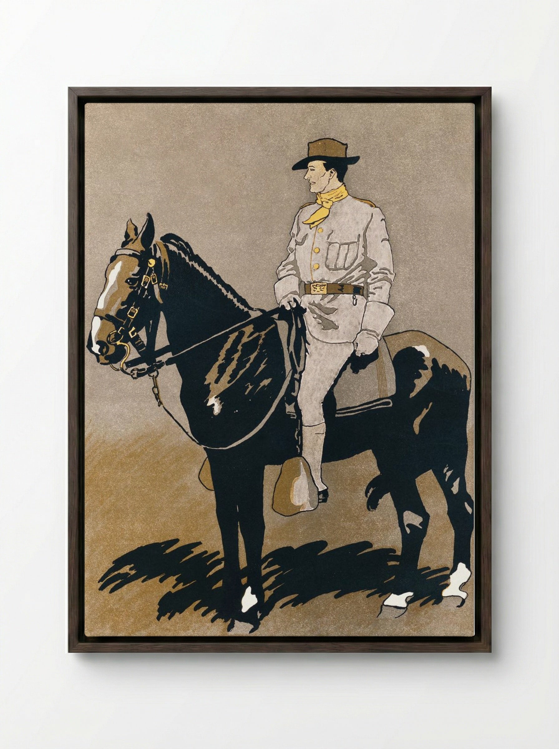 Soldier Riding a Horse - Edward Penfield - Framed Canvas Dark Wood