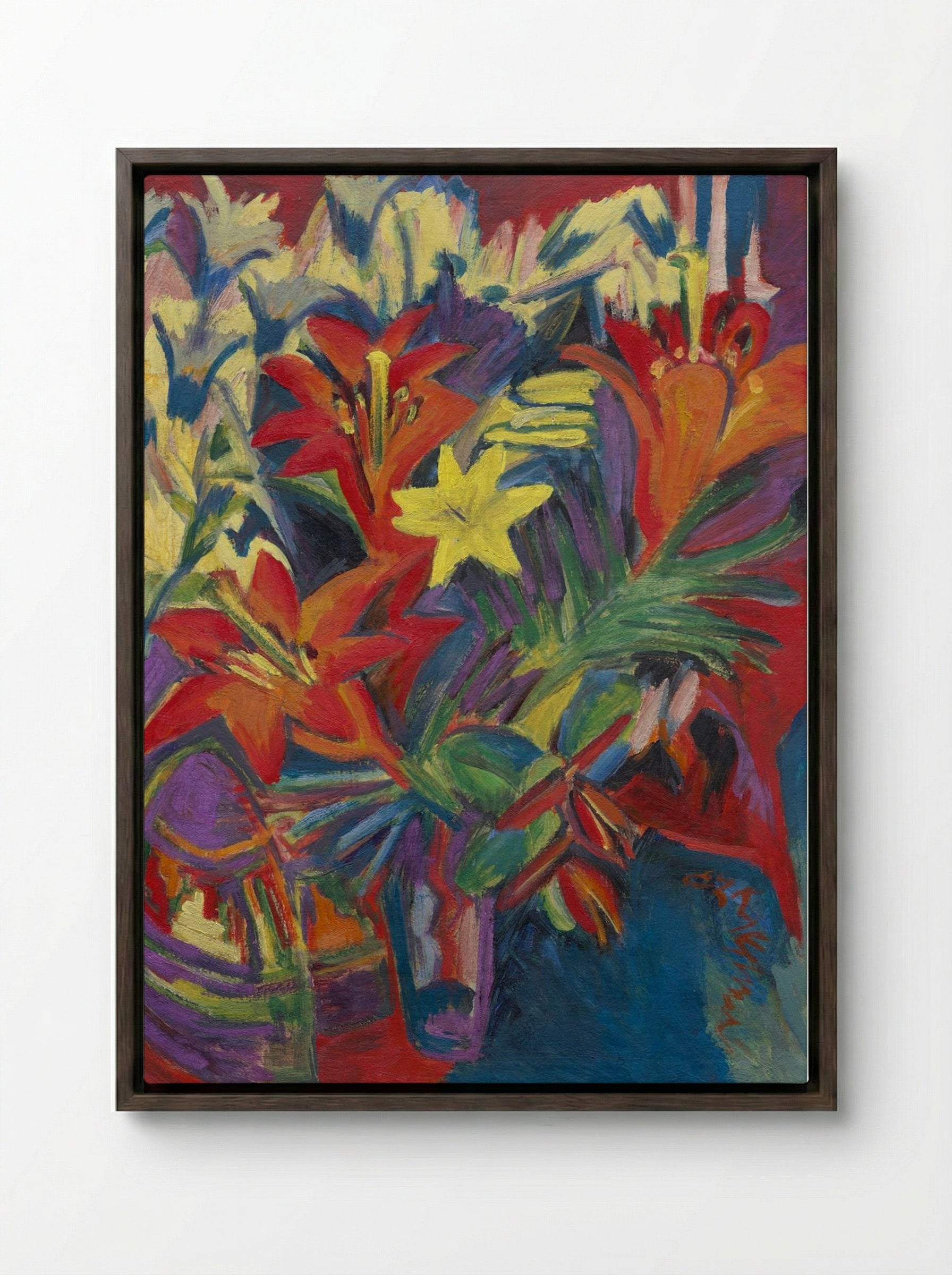 Still Life with Lilies - Ernst Ludwig Kirchner - Framed Canvas Dark Wood