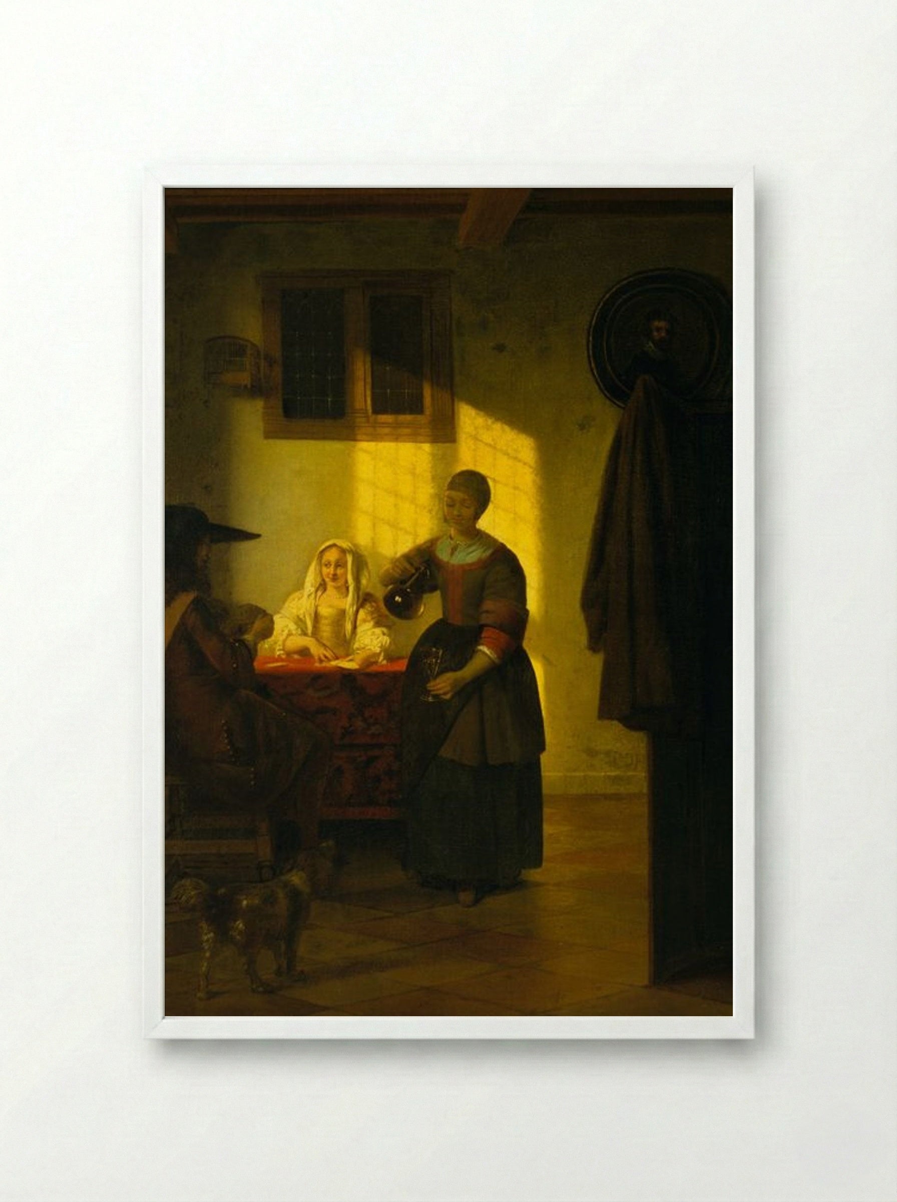 A Couple Playing Cards, with a Serving Woman - Pieter de Hooch - Framed Print White