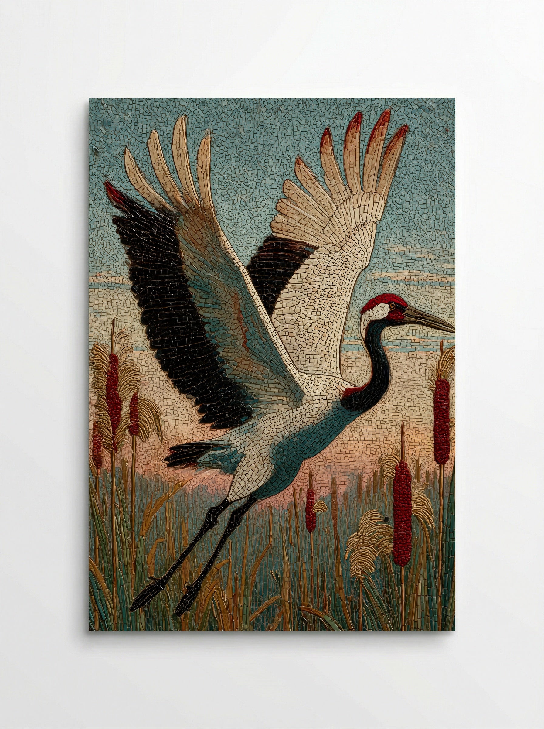 Crane over Reeds - Japanese Mosaic Print - Poster