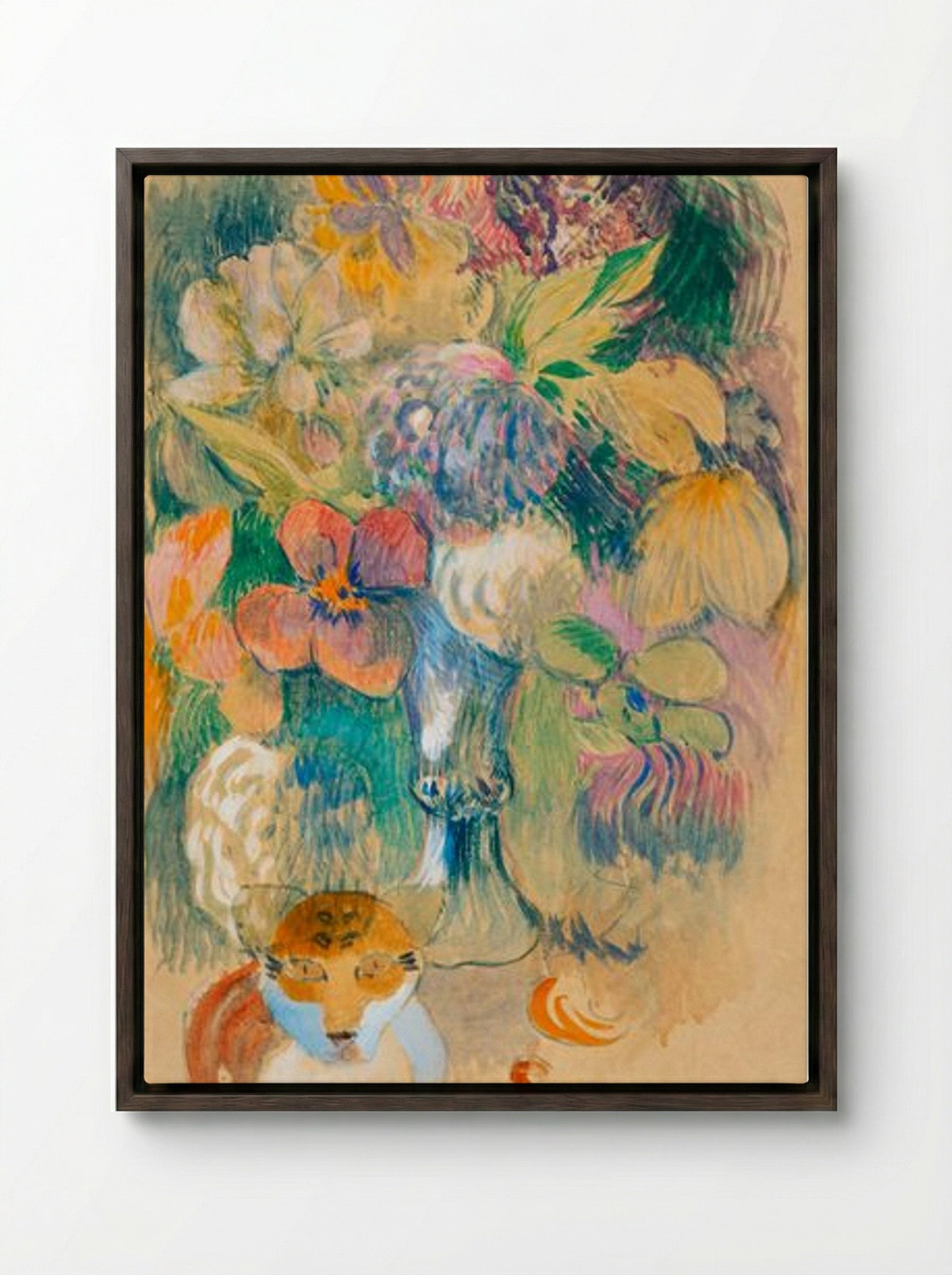 Still Life with Cat - Paul Gauguin - Framed Canvas Dark Wood