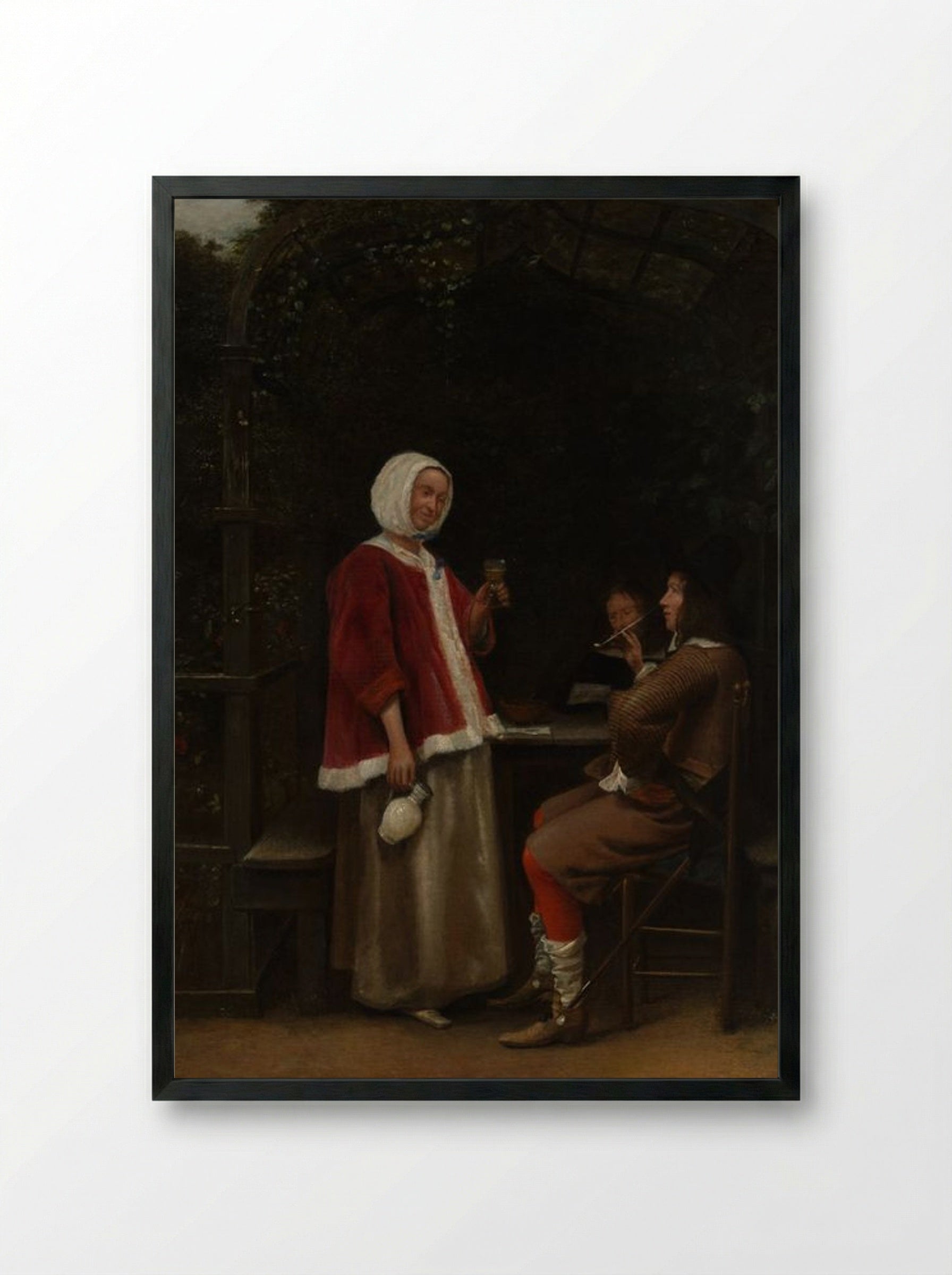 A Woman and Two Men in an Arbor - Pieter de Hooch - Framed Print Black