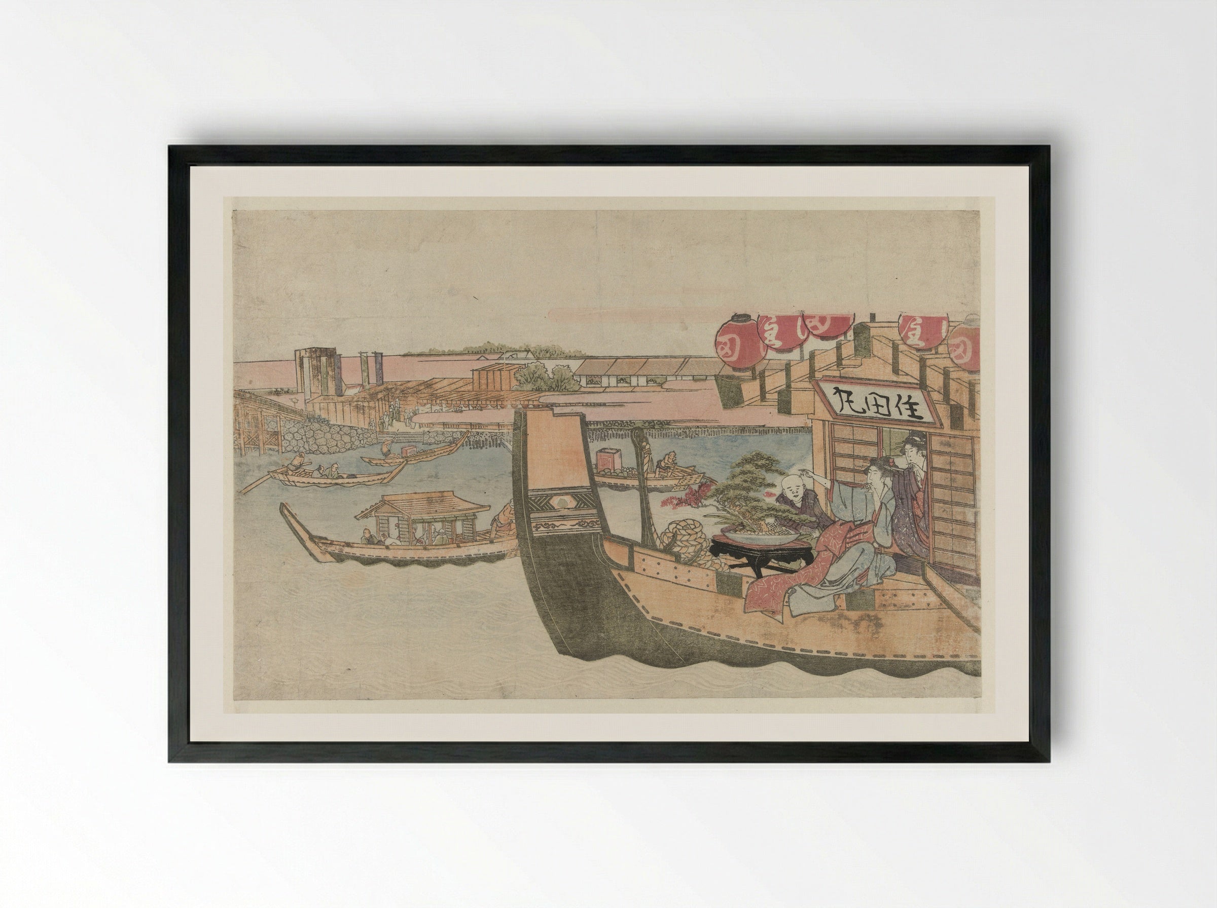 Pleasure Boats on the Sumida River - Katsushika Hokusai - Framed Print Black
