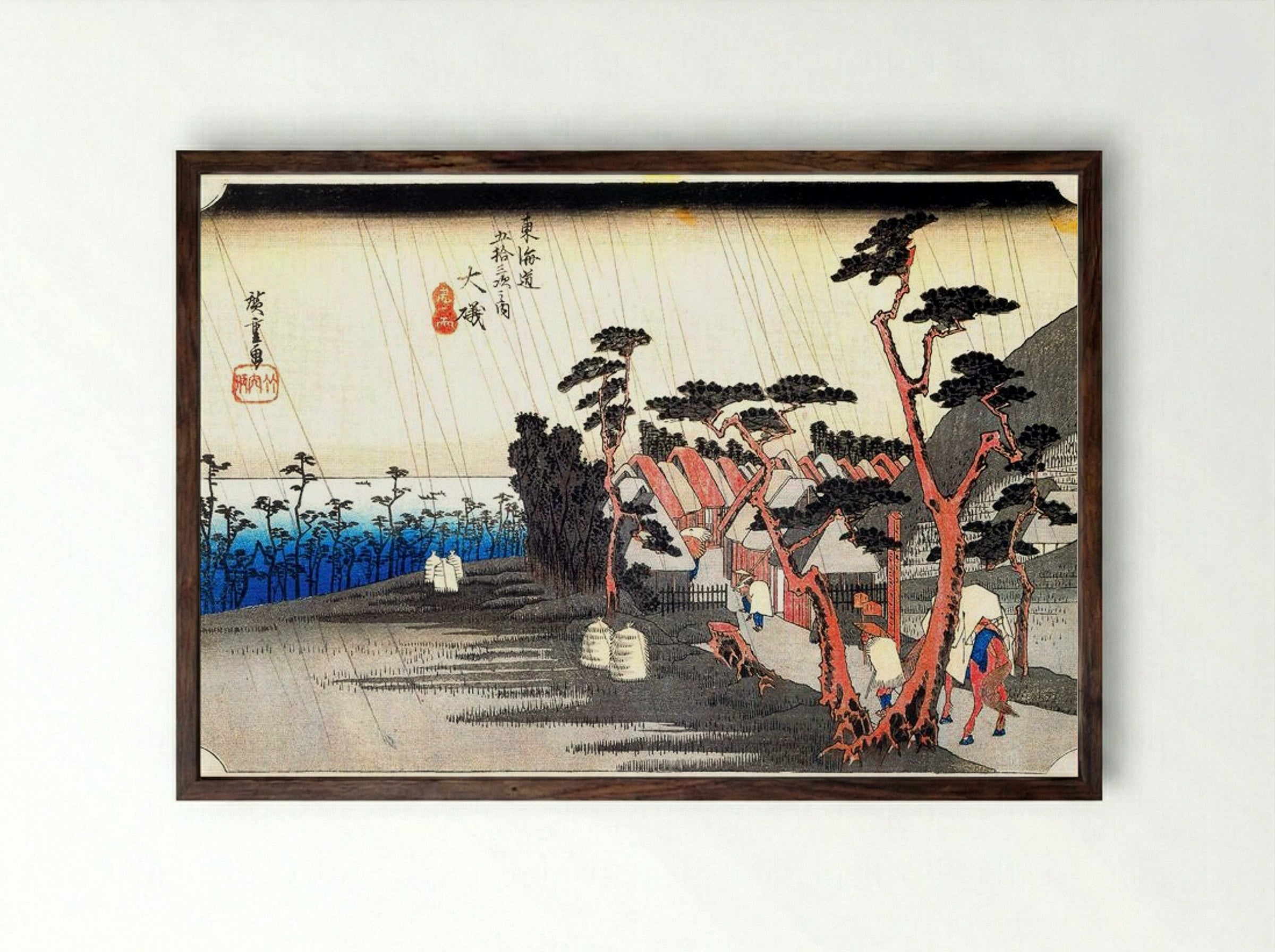 Oiso: Tora-ga-ame (Shower at Tora-ga-ame) - Utagawa Hiroshige - Framed Print Dark Wood