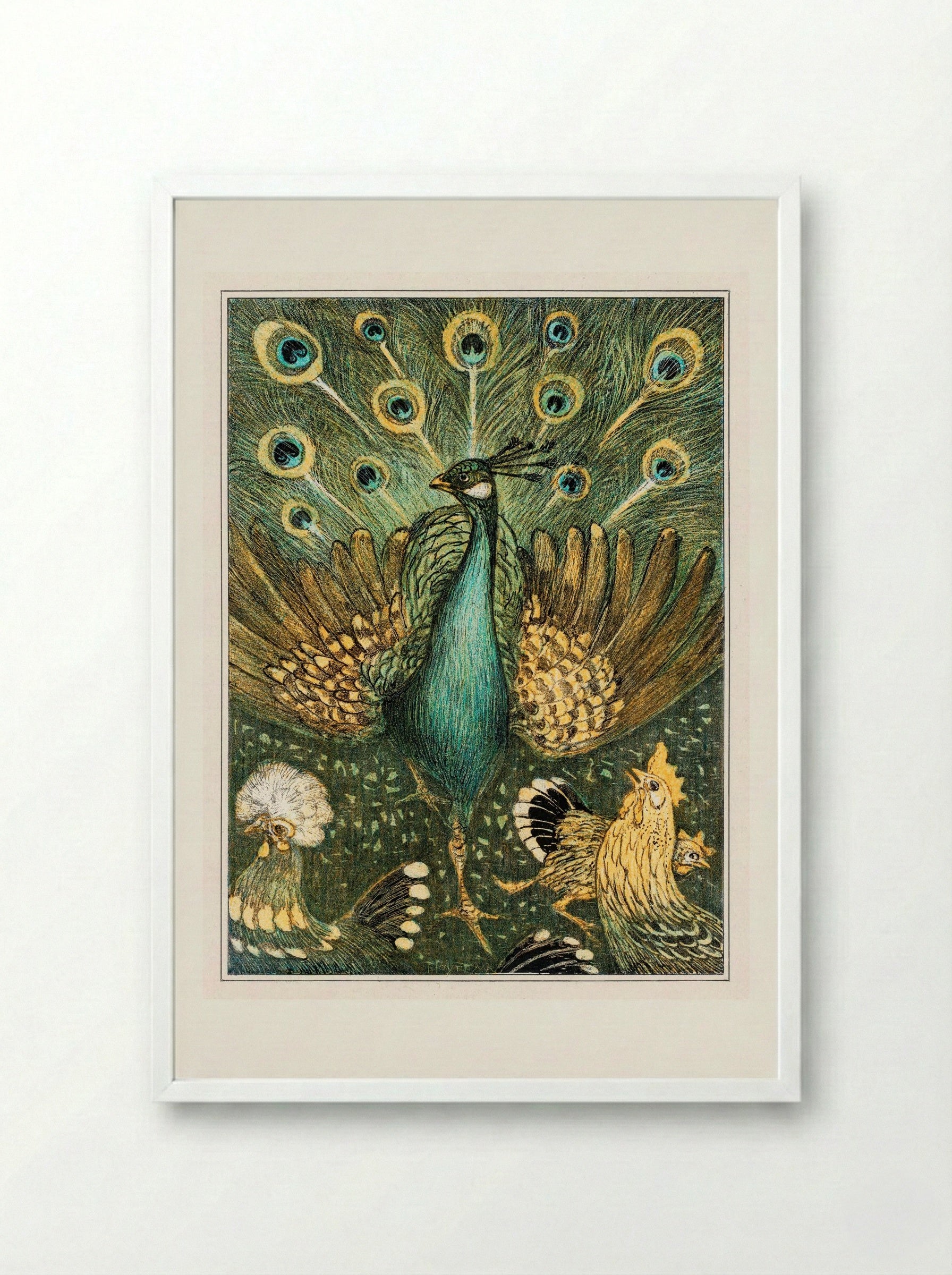 Peacock with Chickens - Theo van Hoytema - Framed Print White