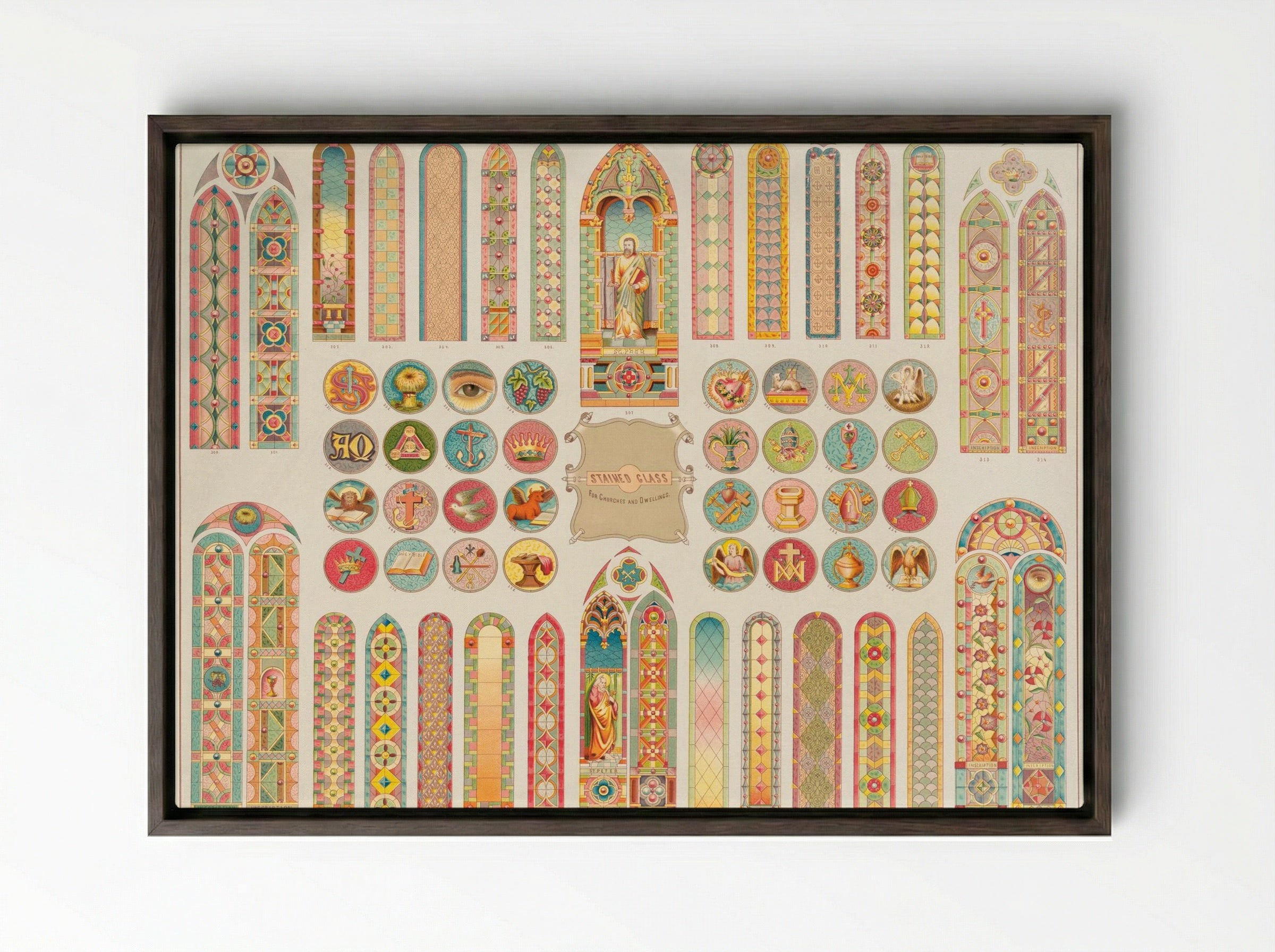 Stained Glass Designs for Churches and Dwellings - Fine Art Print - Framed Canvas Dark Wood