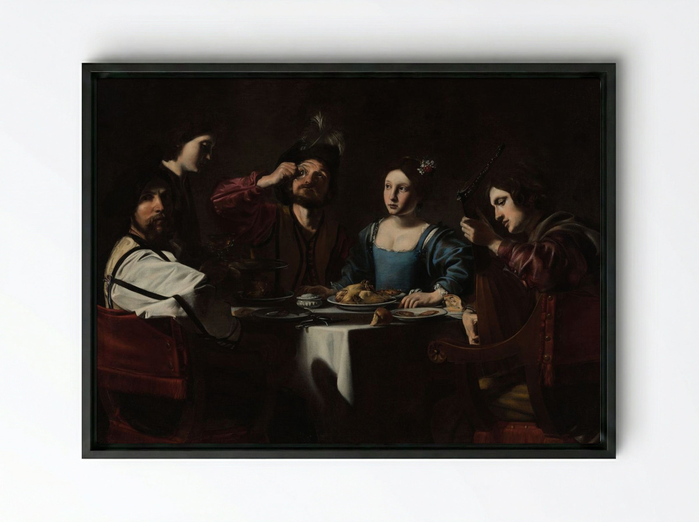 Banquet Scene with a Lute Player - Valentin de Boulogne - Framed Canvas Black