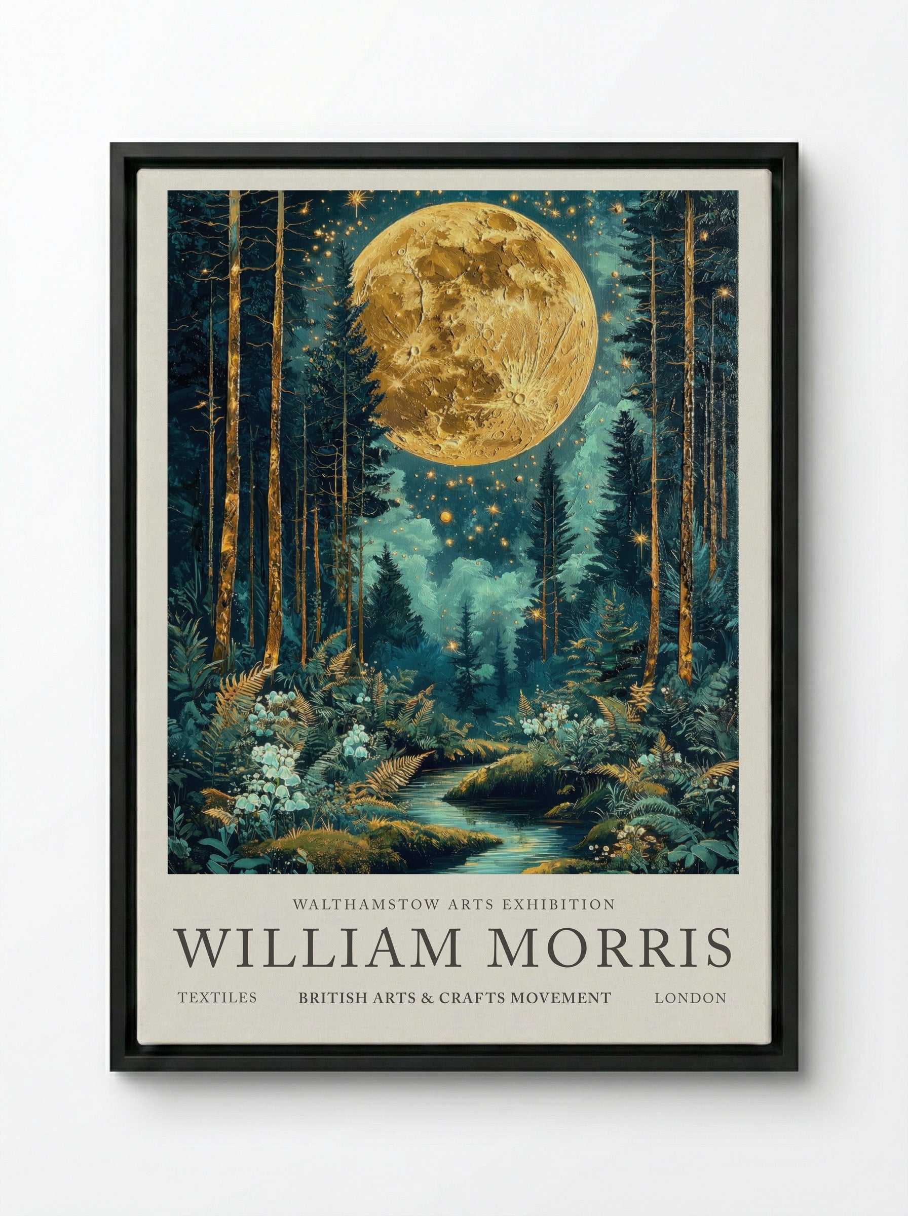 Moonlit Forest - William Morris - Framed Canvas Black