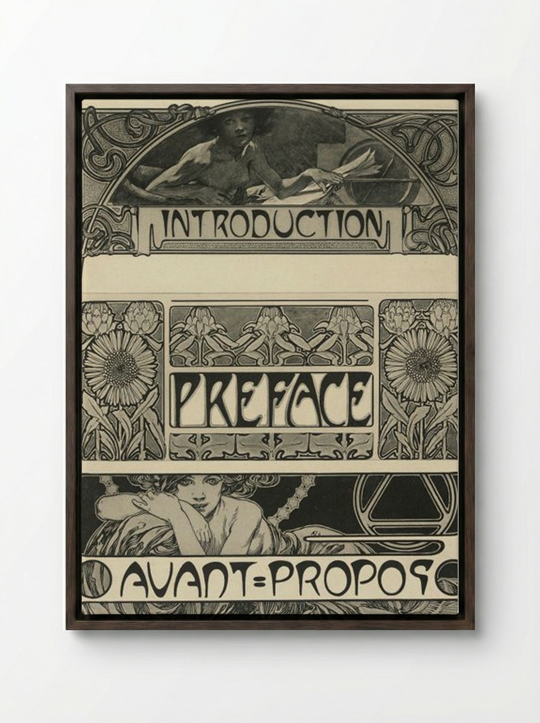 Page Design with Female Figures and Floral Motifs - Alphonse Mucha - Framed Canvas Dark Wood