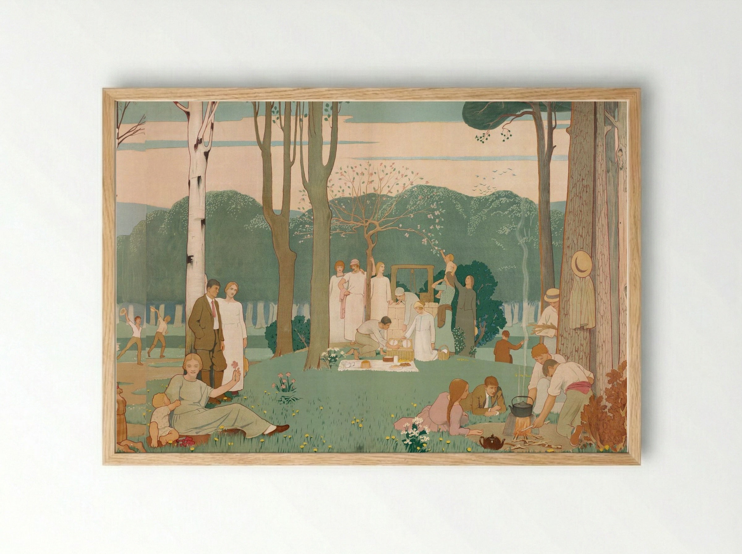 Men, Women, and Children at a Picnic in the Park - Fine Art Print - Framed Print Wood