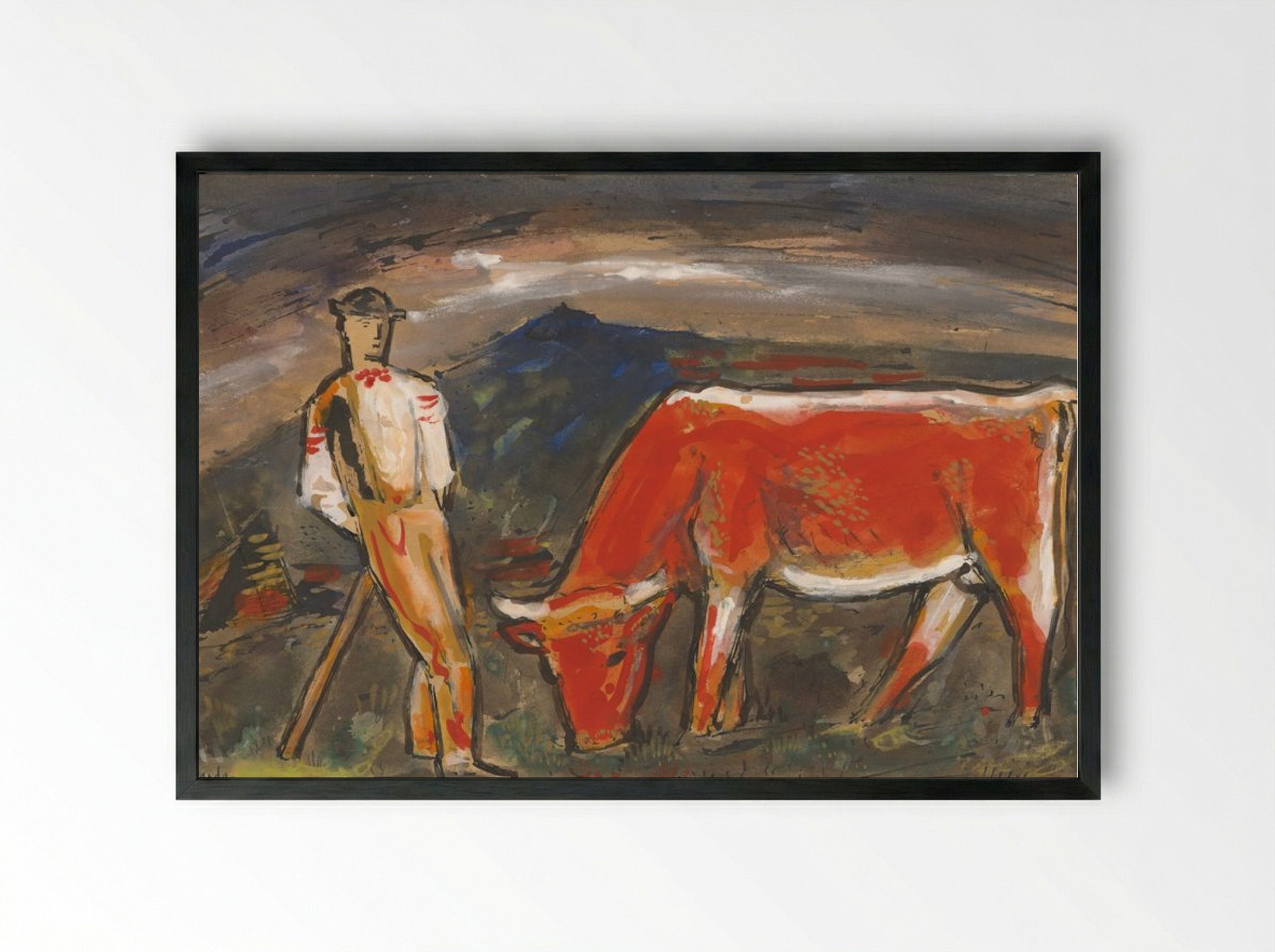 Shepherd with Red Cow - Mikuláš Galanda - Framed Print Black