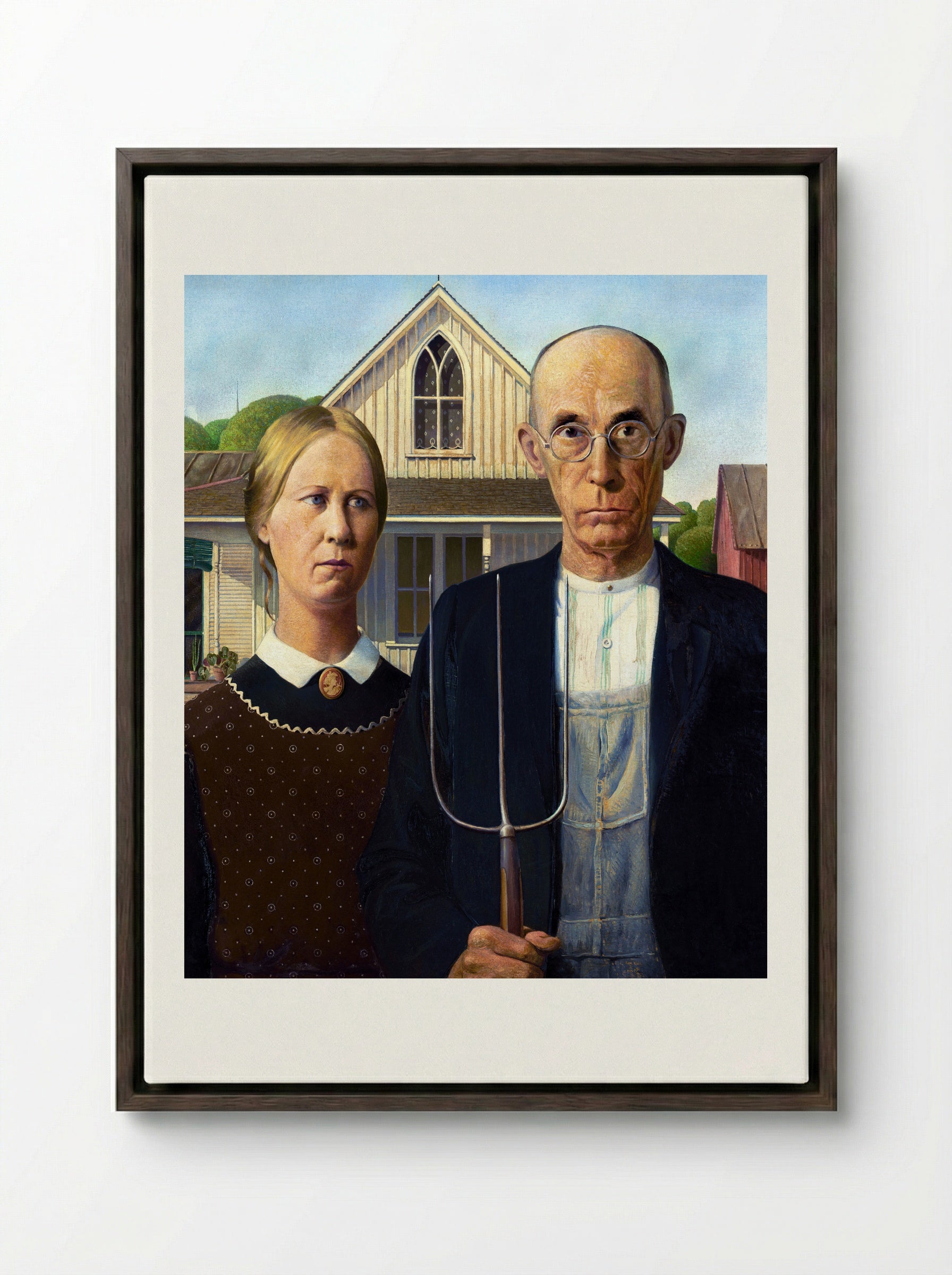 American Gothic - Grant Wood - Framed Canvas Dark Wood