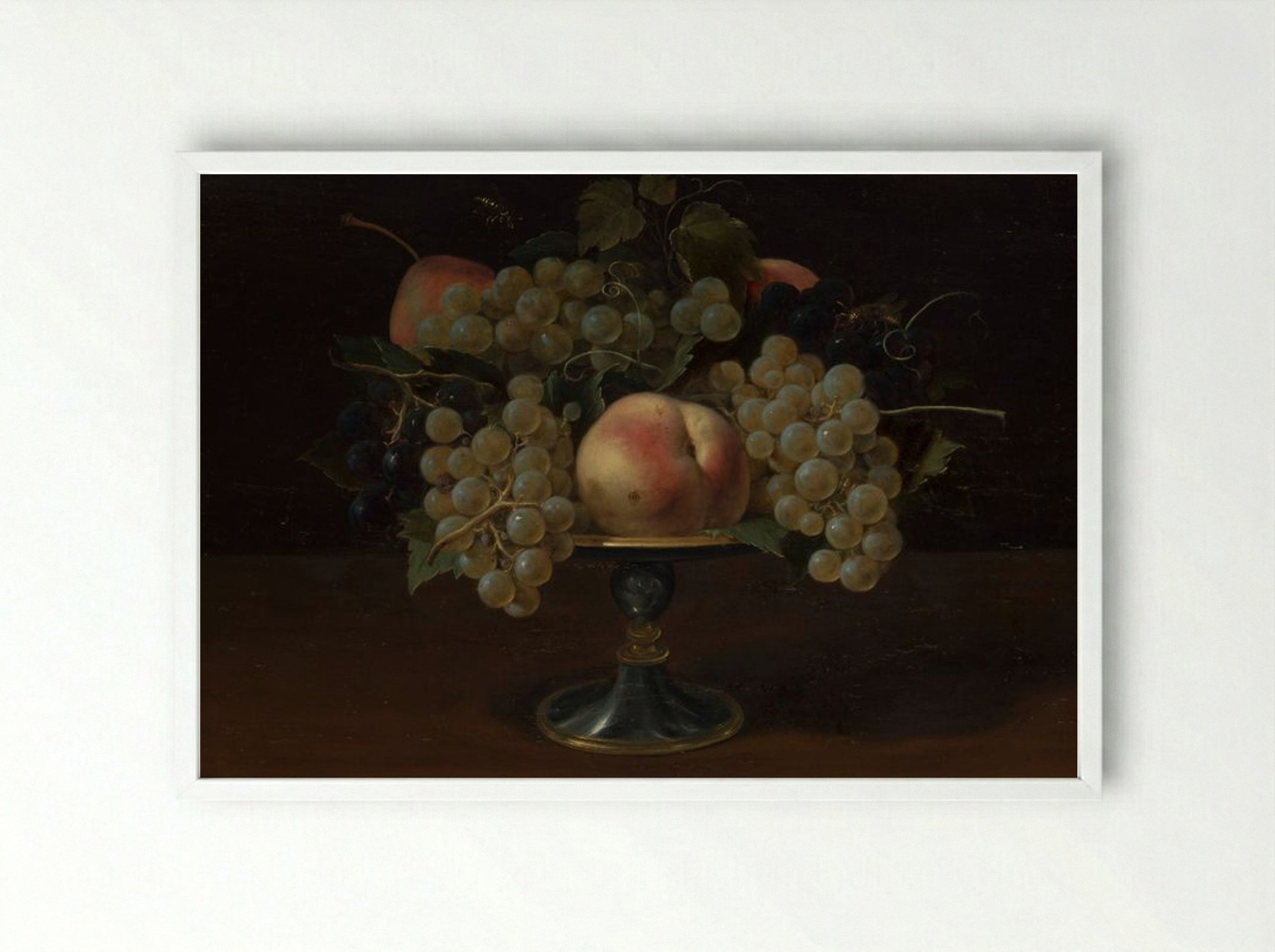 Still Life of Grapes and Peaches - Fine Art Print - Framed Print White