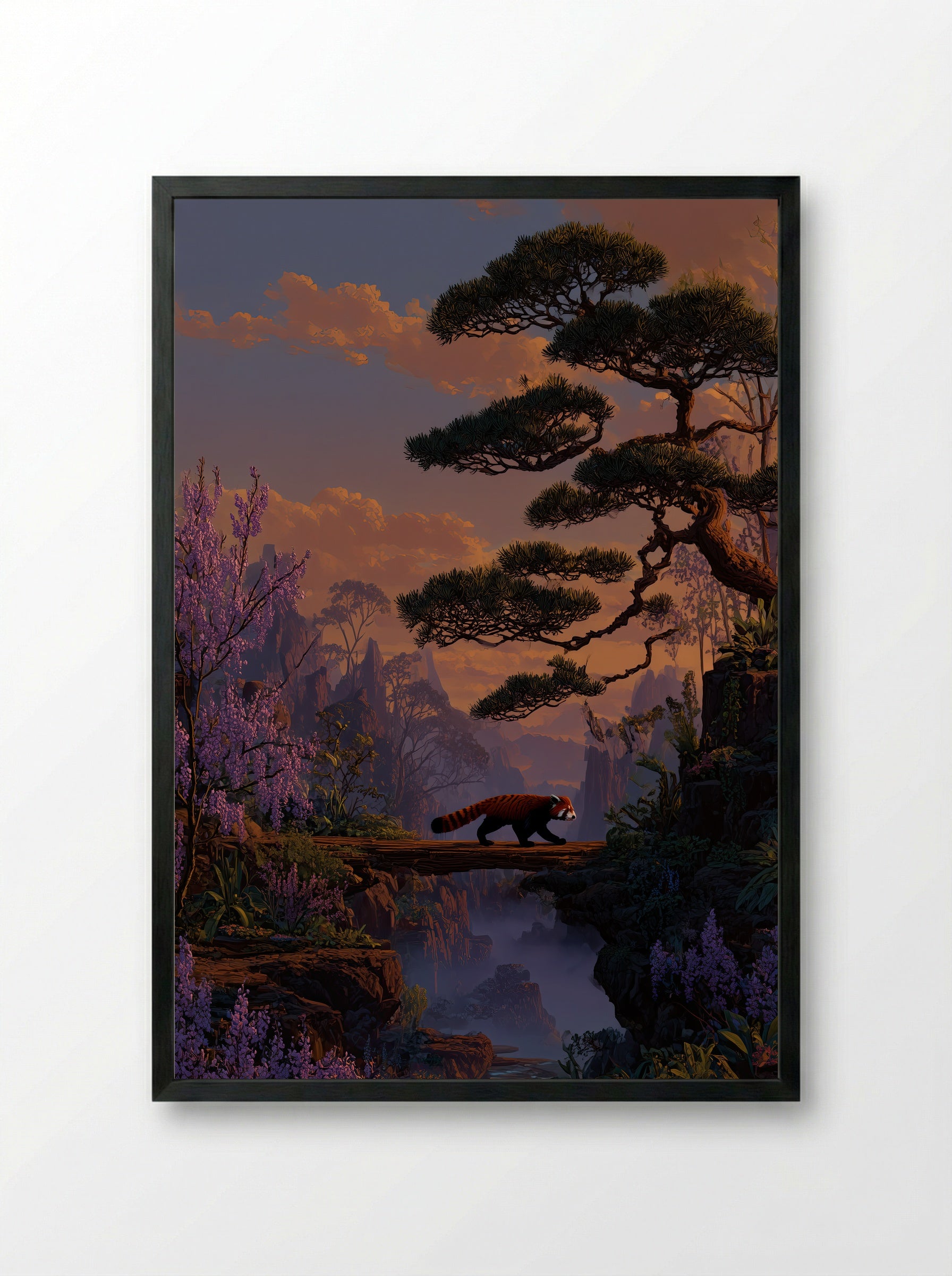 Red Panda Crossing – Tranquil Sunset Forest Art Print - Framed Print Black